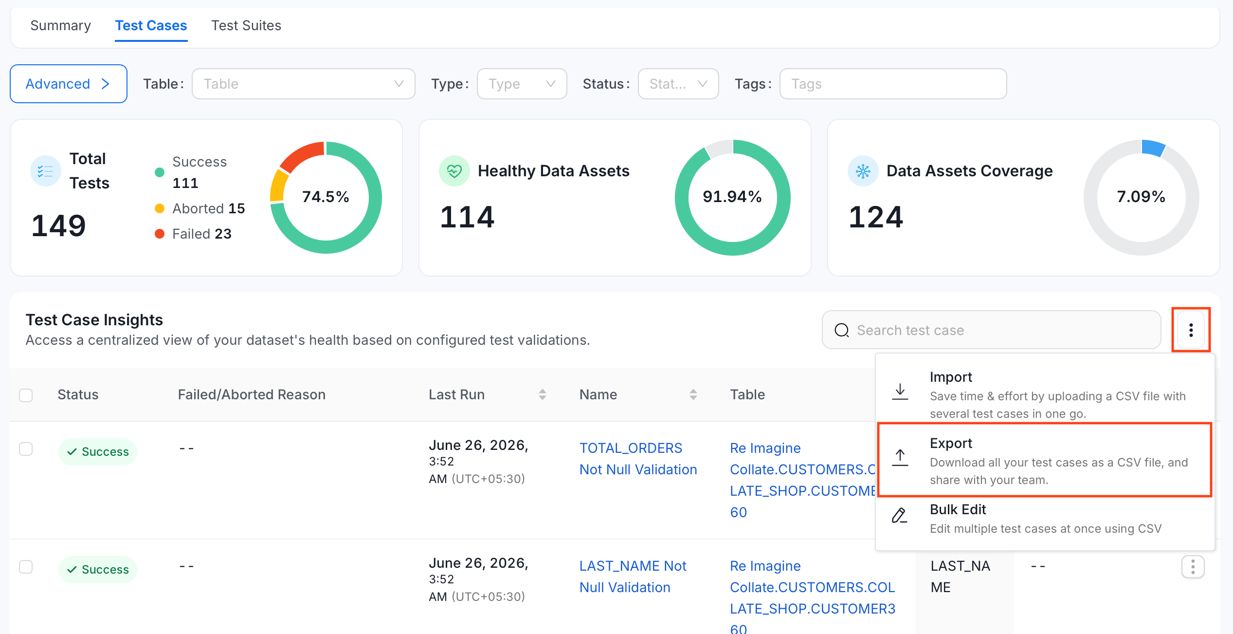 Export test cases platform-wide