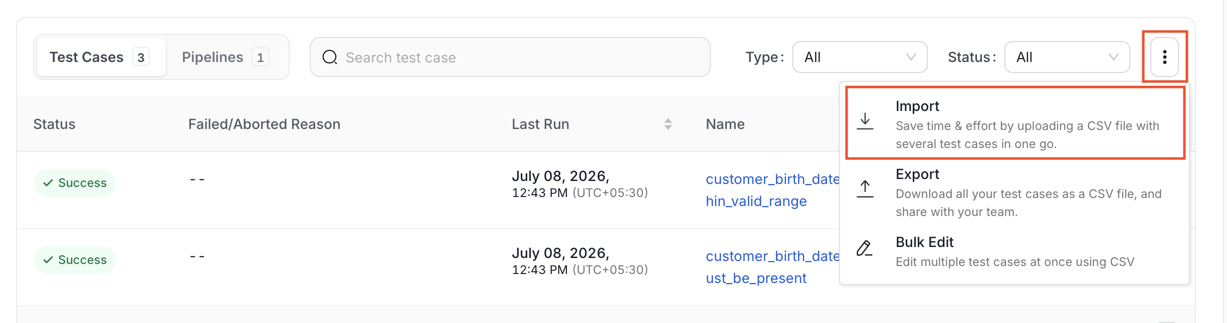 Import test cases for a single table