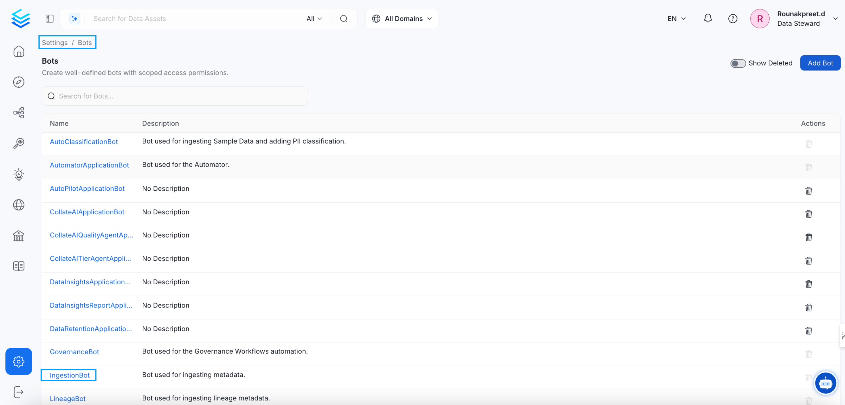 Navigate to Settings > Bots to find available bots