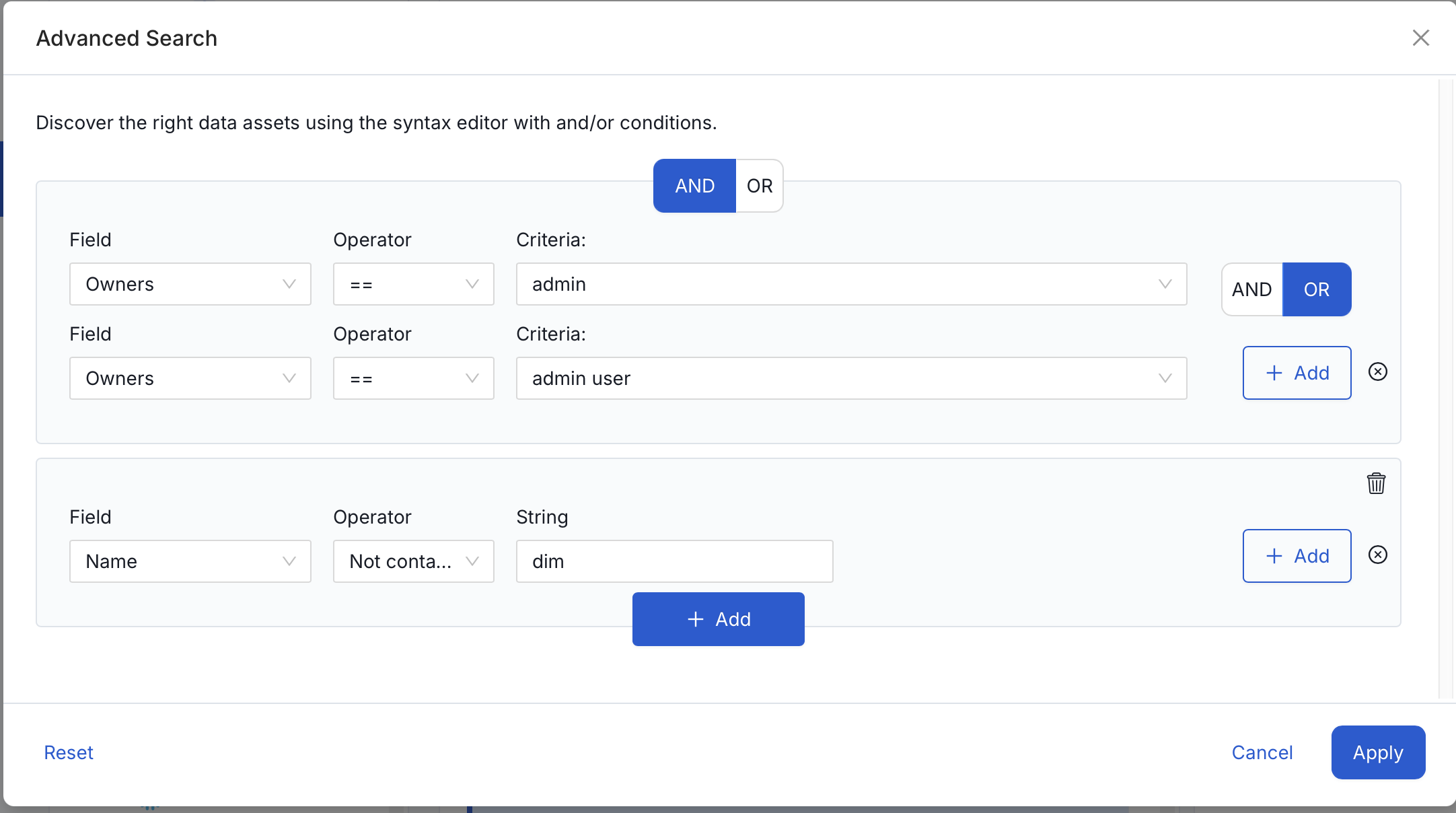 Advanced search conditions configured