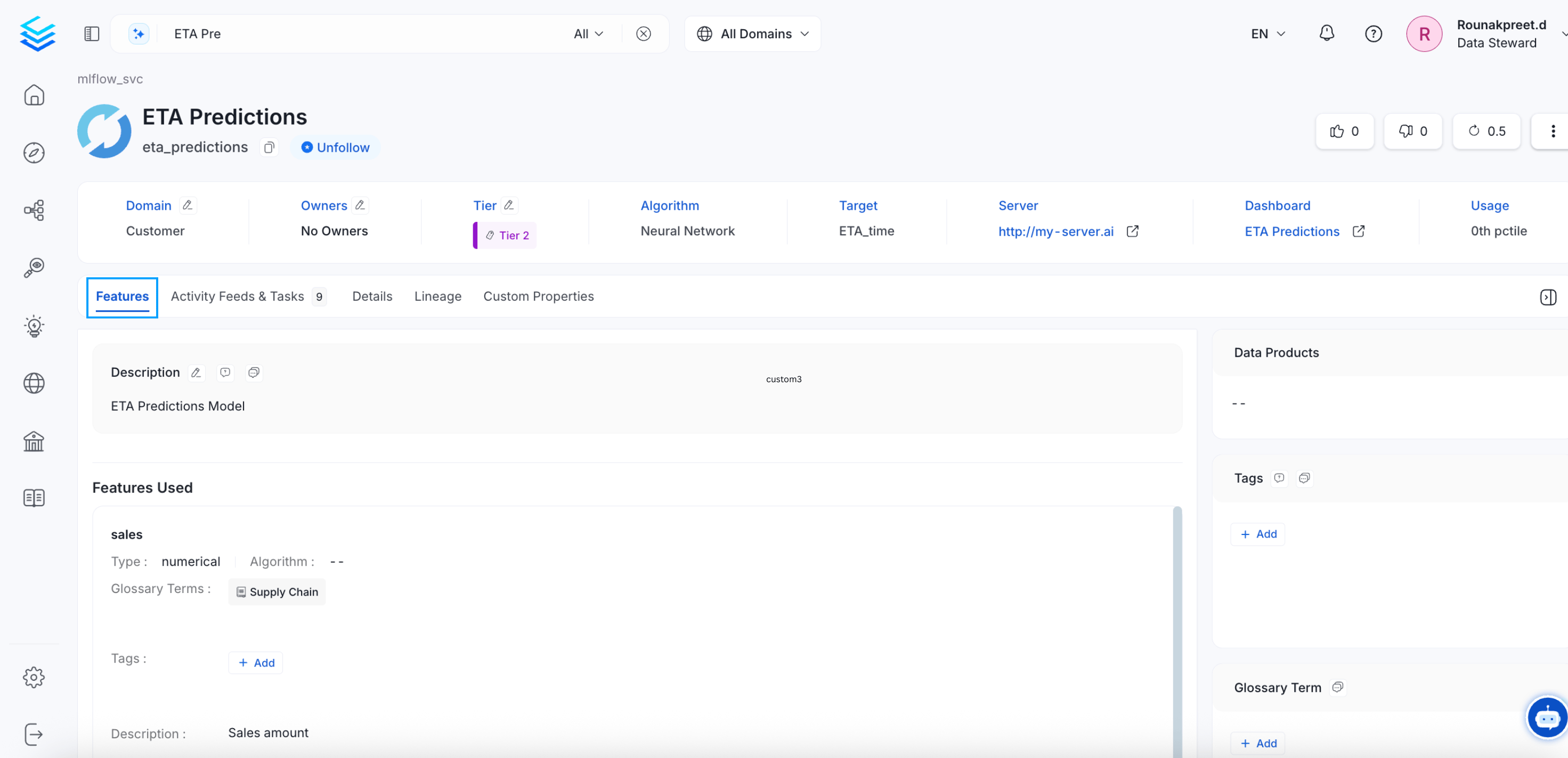 ML Models: Features Tab