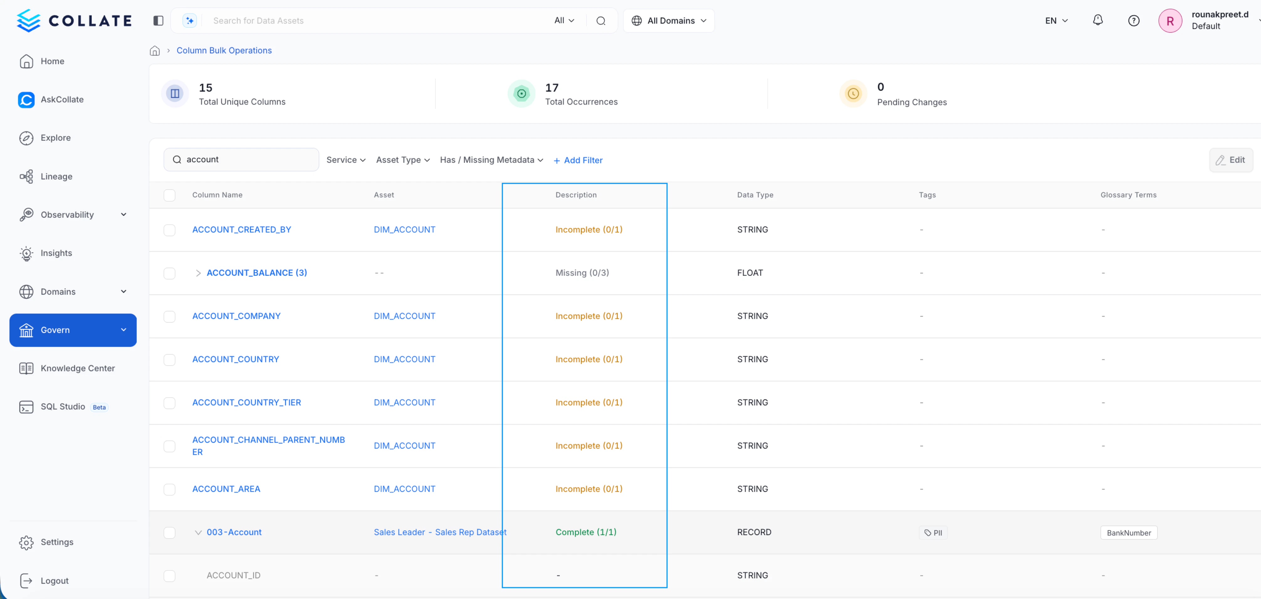 Filter Columns by Name and Status