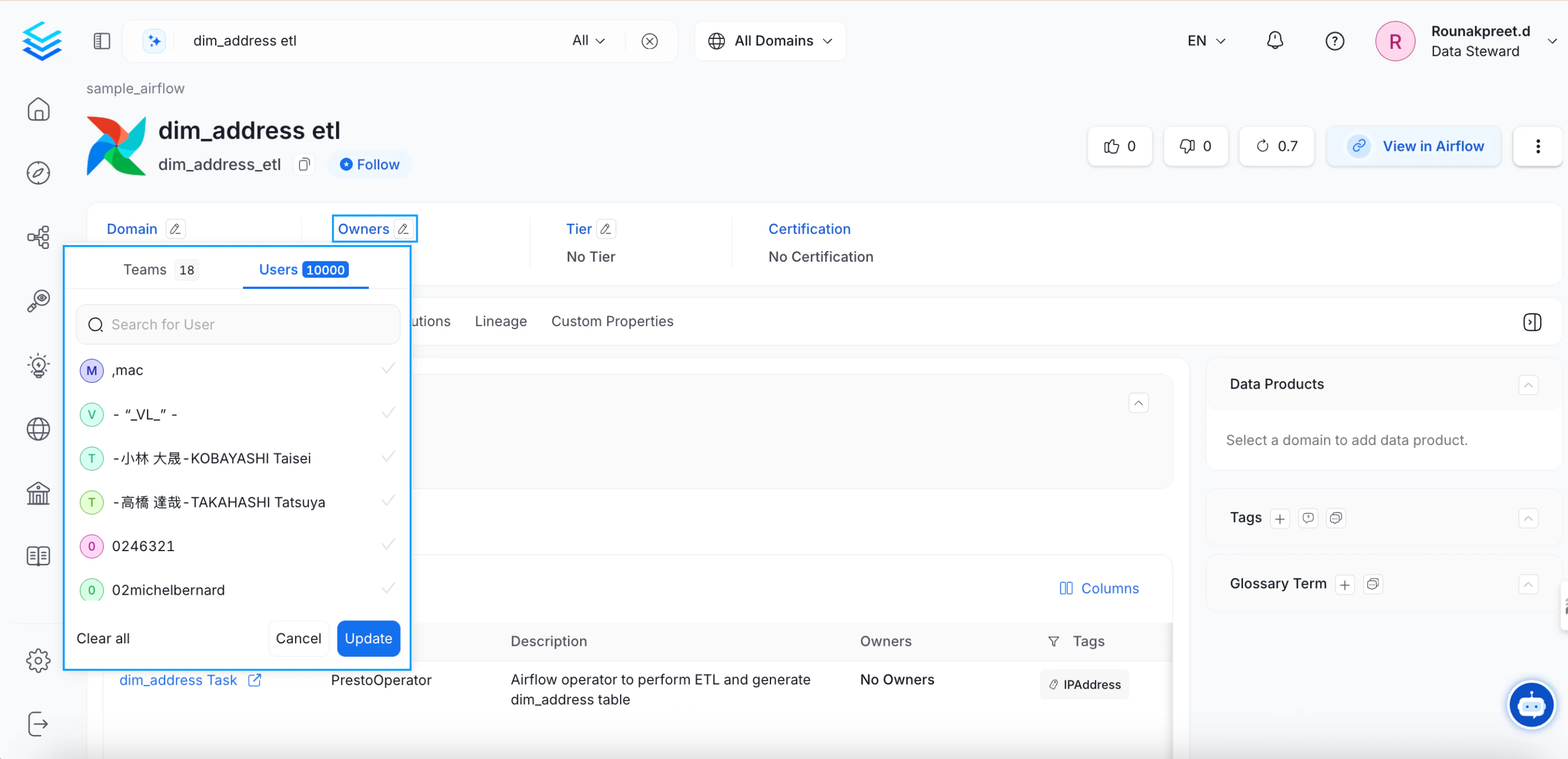 Change the Owner of the Data Asset