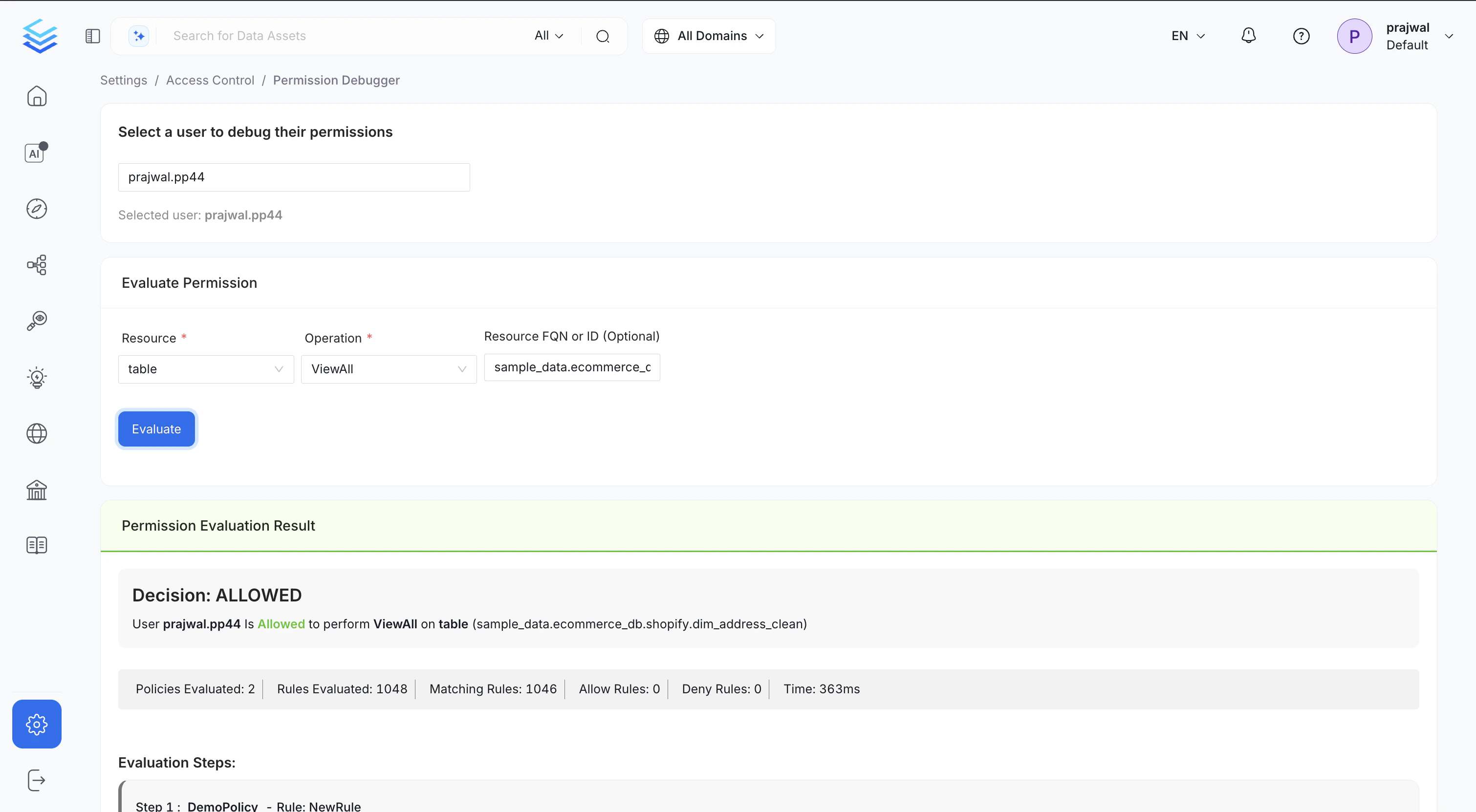 Permission Debugger Example: ALLOWED