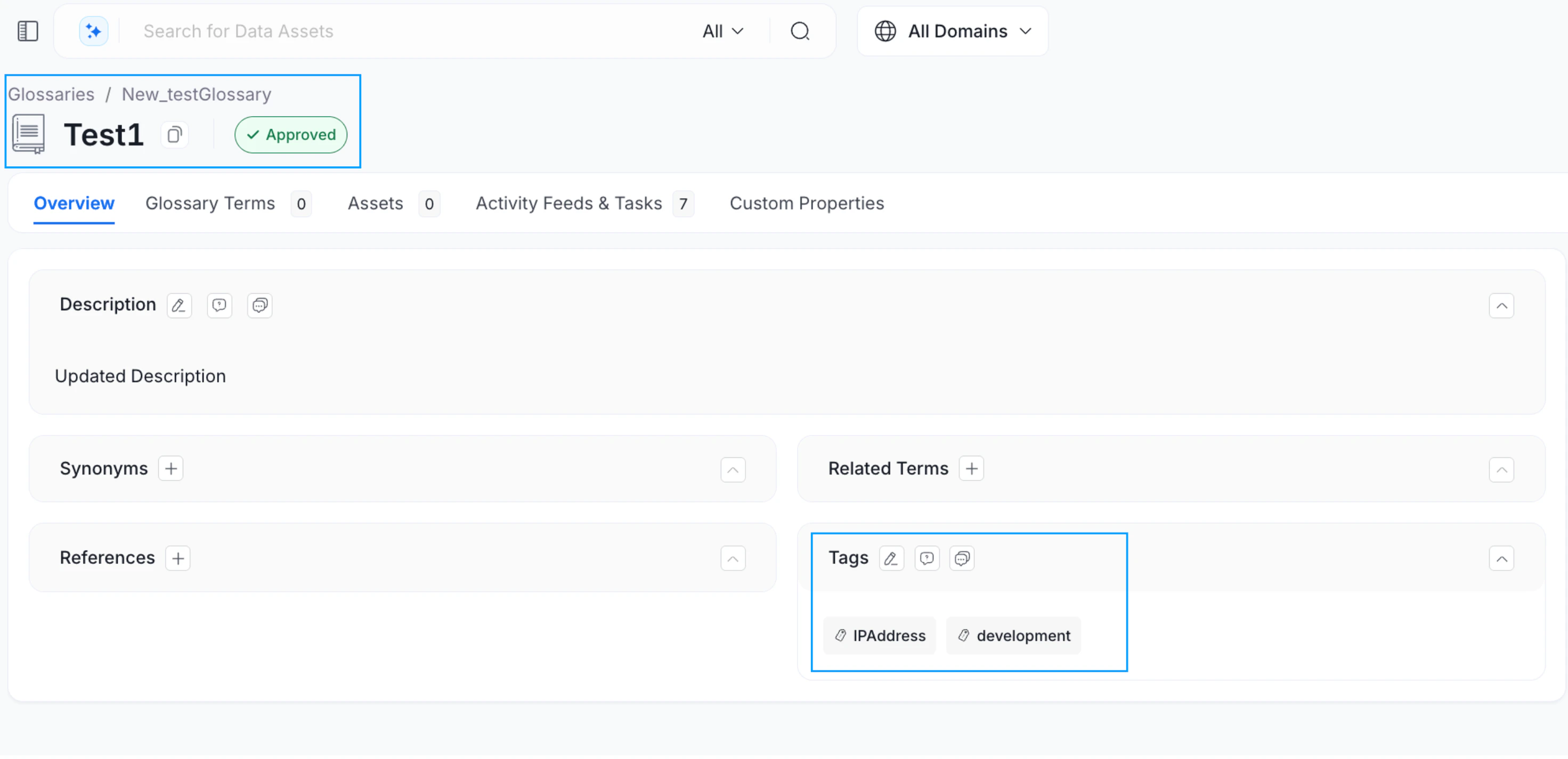 Glossary Term and Associated Tags