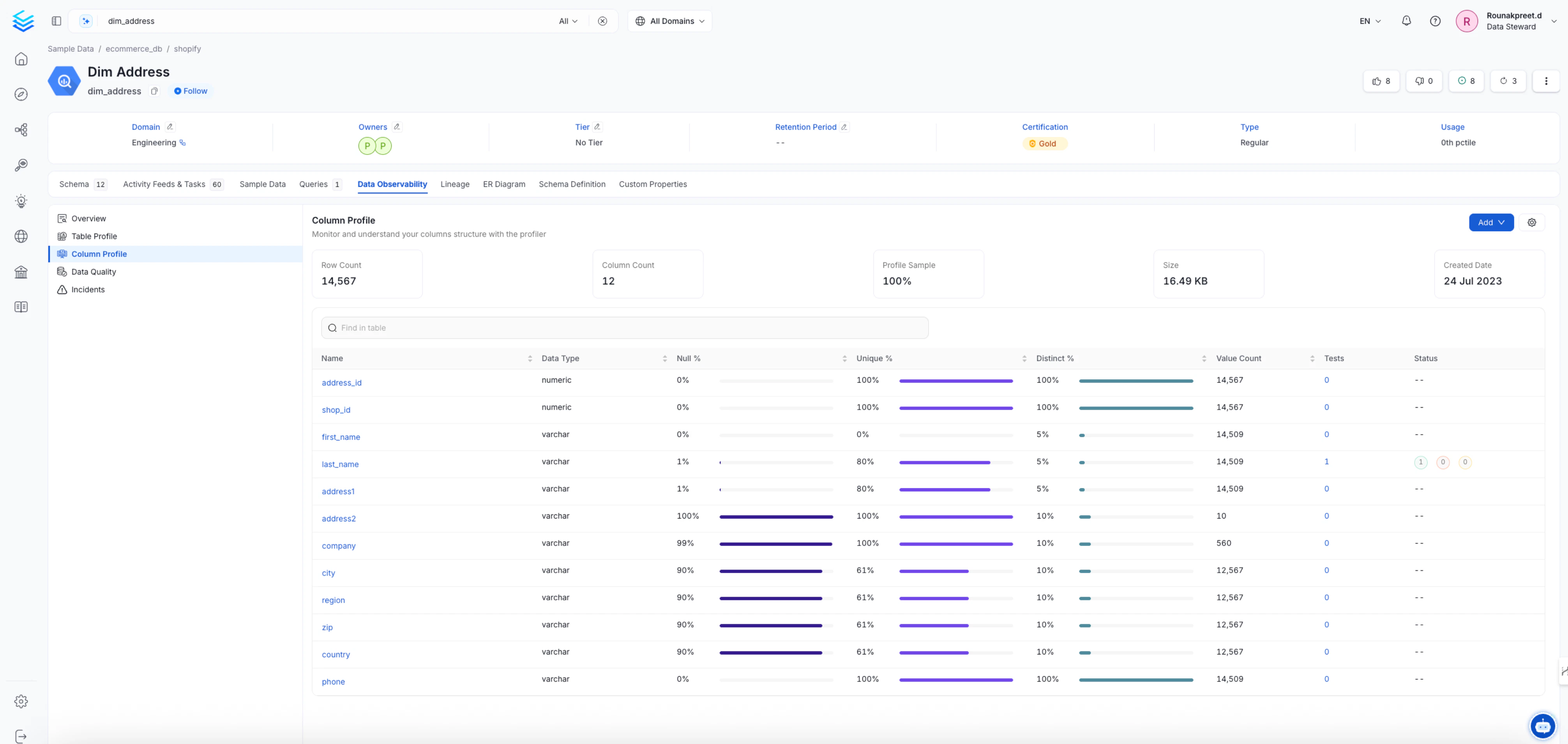 Column profile summary page