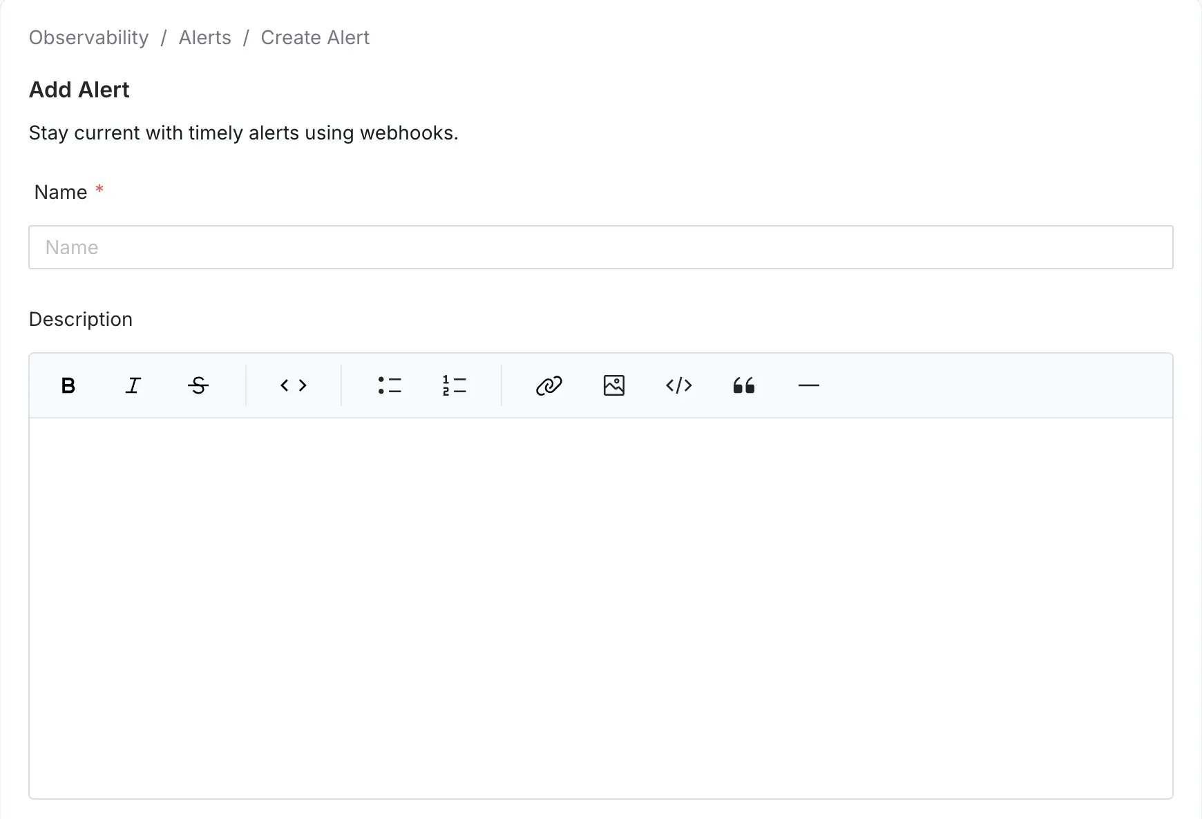 Input fields for Alert Name and Description