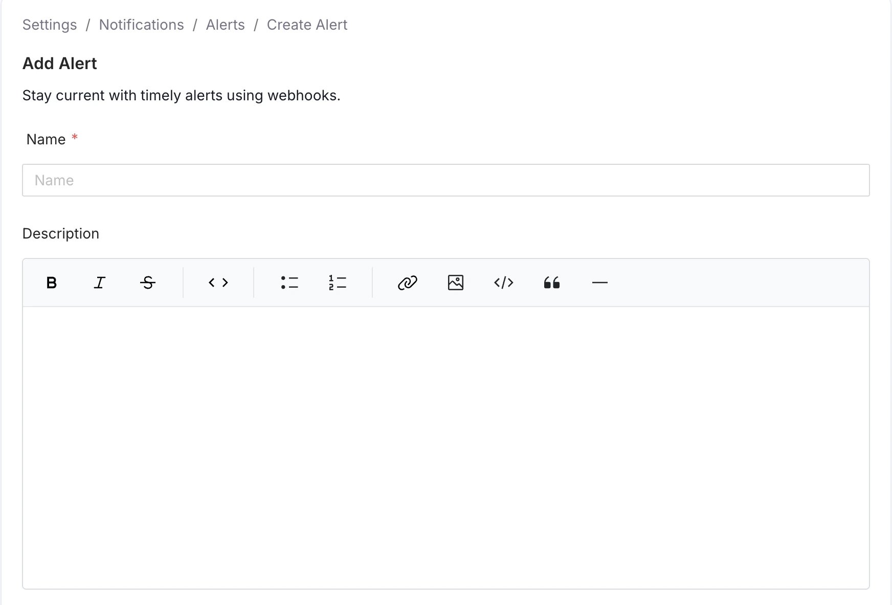 Input fields for Alert Name and Description