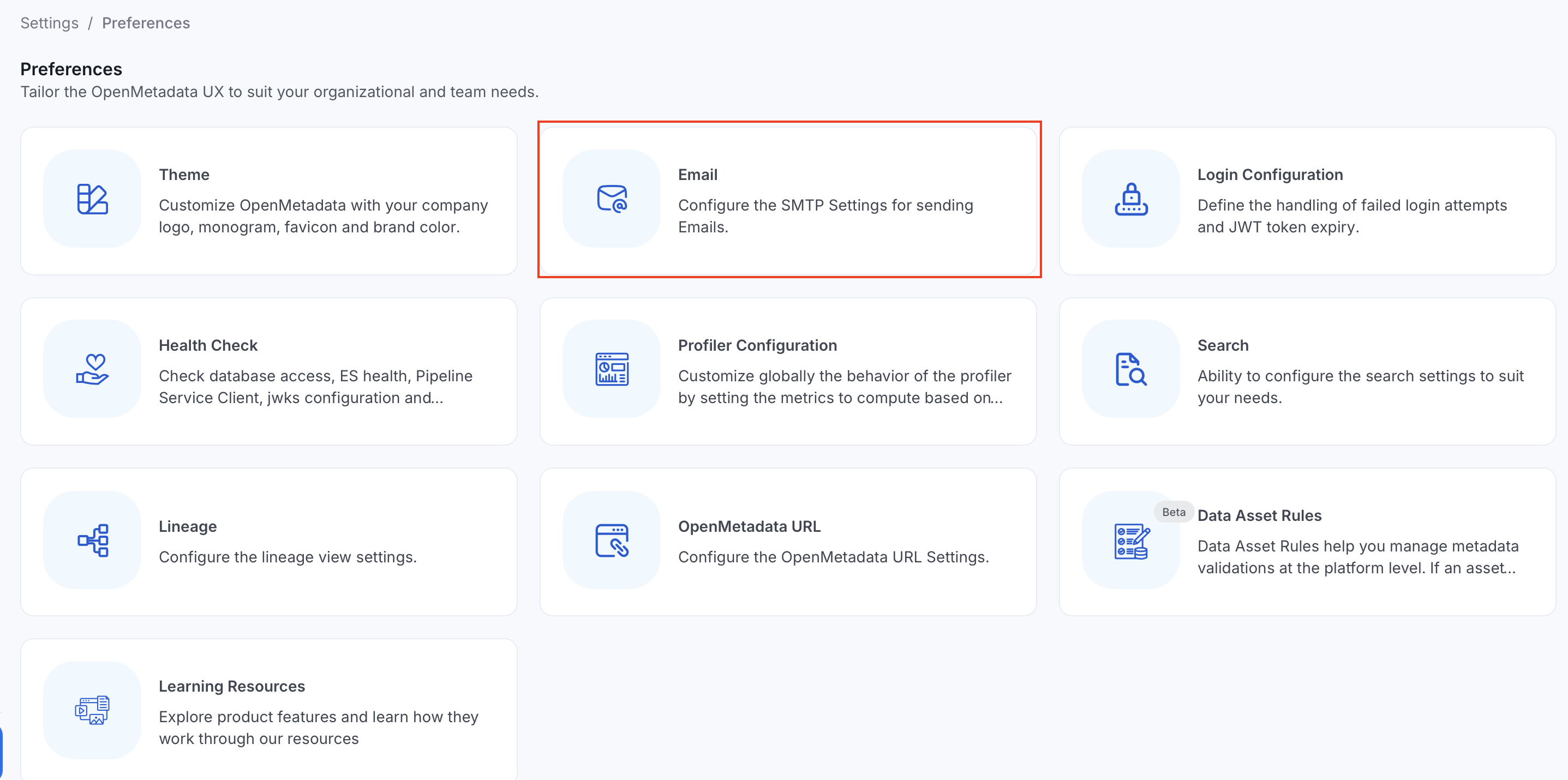Email settings under Preferences
