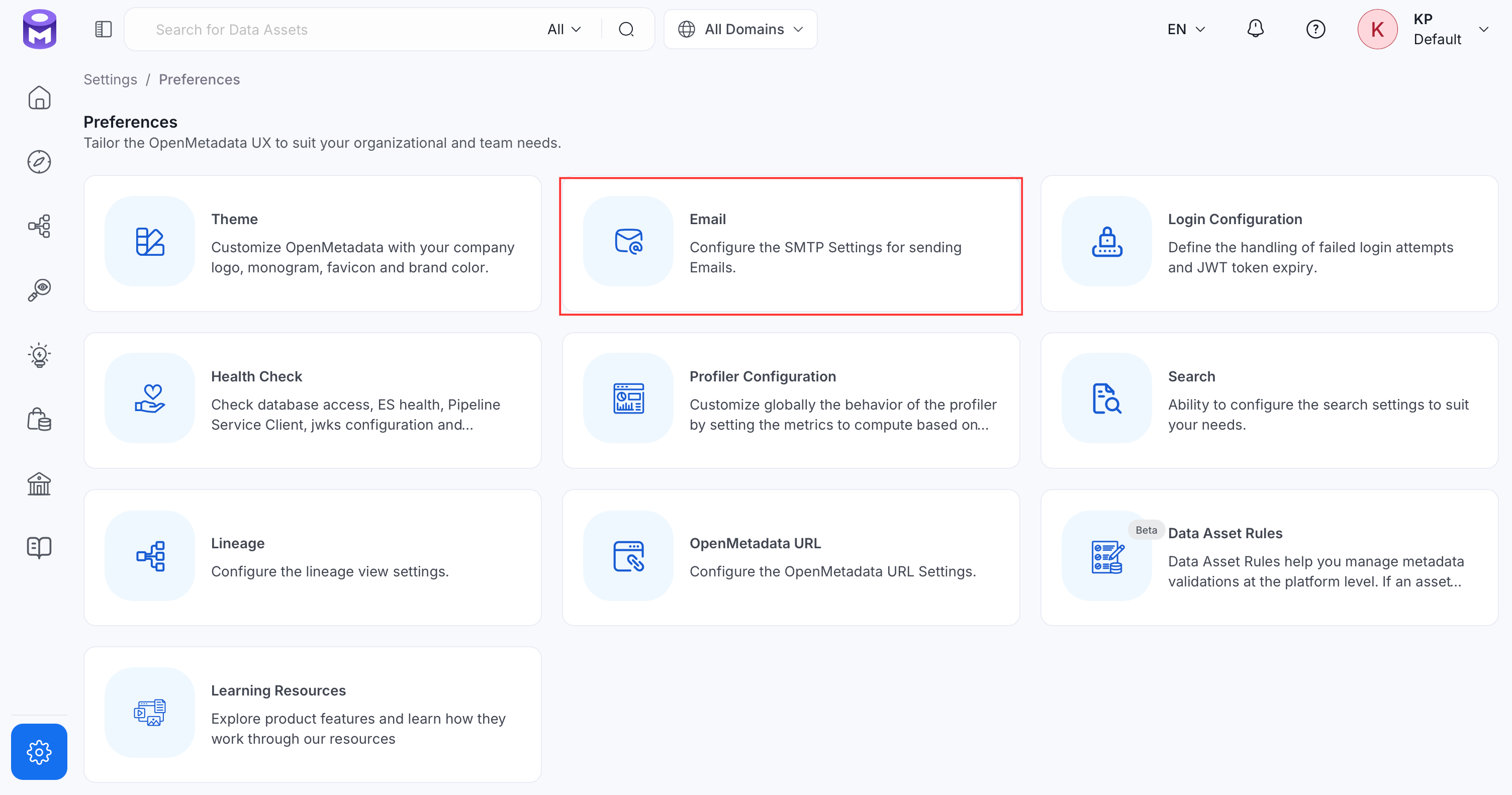 Email settings under Preferences