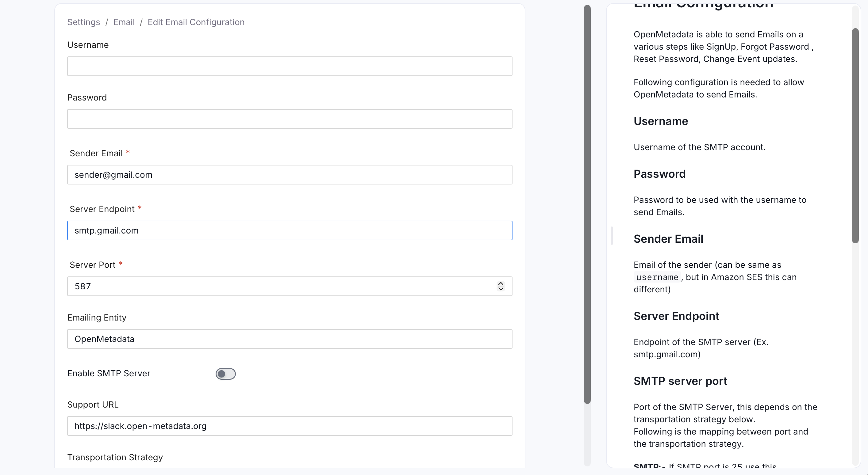 Edit Email Configuration form