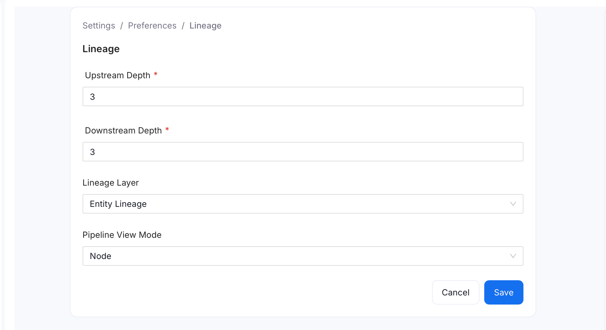 Edit Lineage Configuration form