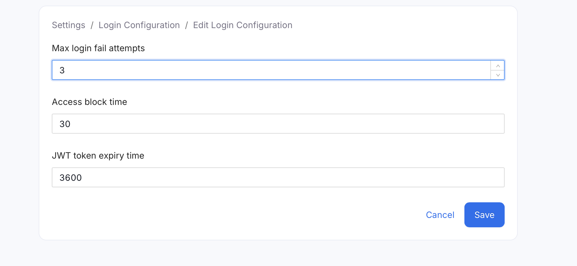 Edit Login Configuration form