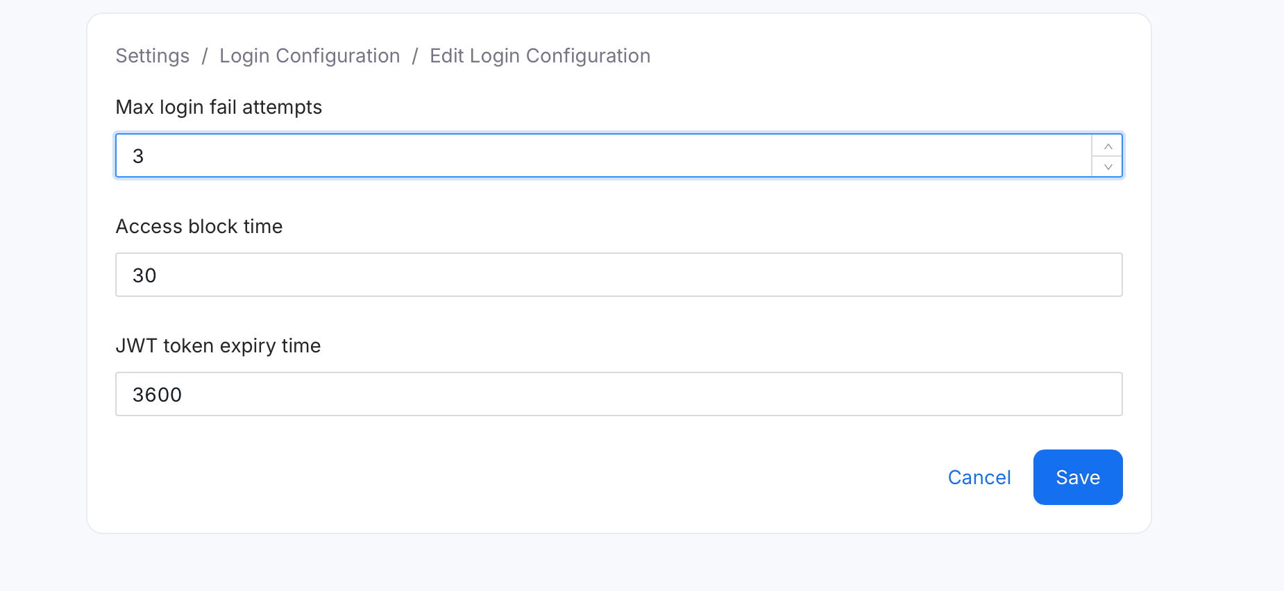 Edit Login Configuration form