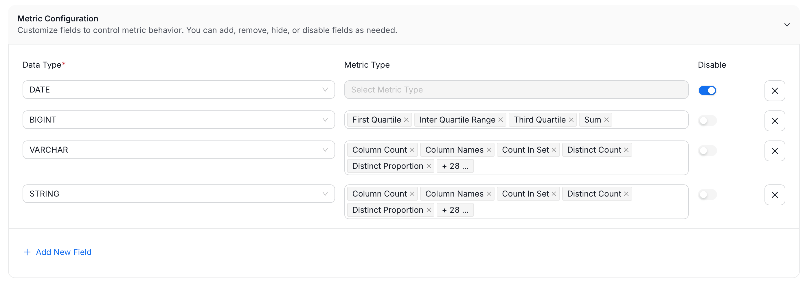 Metric Configuration rows by data type