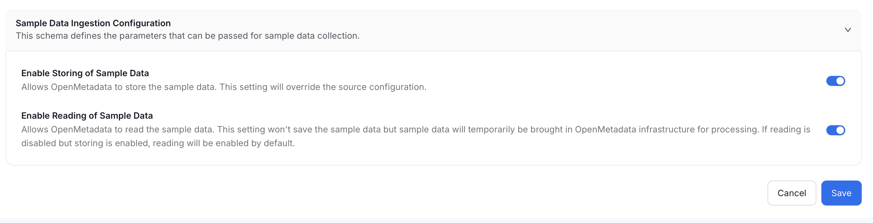 Sample Data Ingestion Configuration toggles