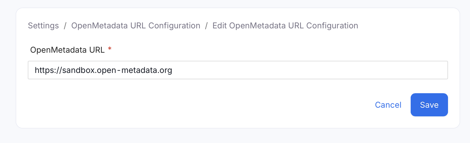 Edit OpenMetadata URL Configuration form