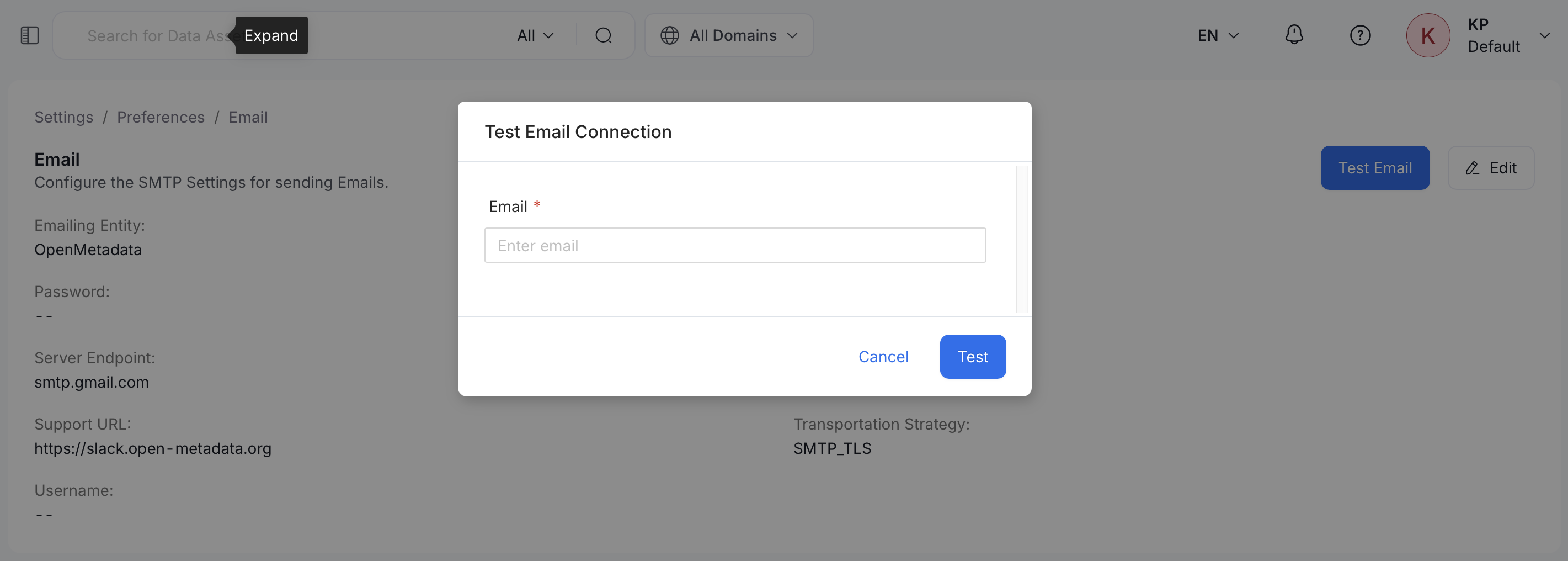 Test Email Connection dialog