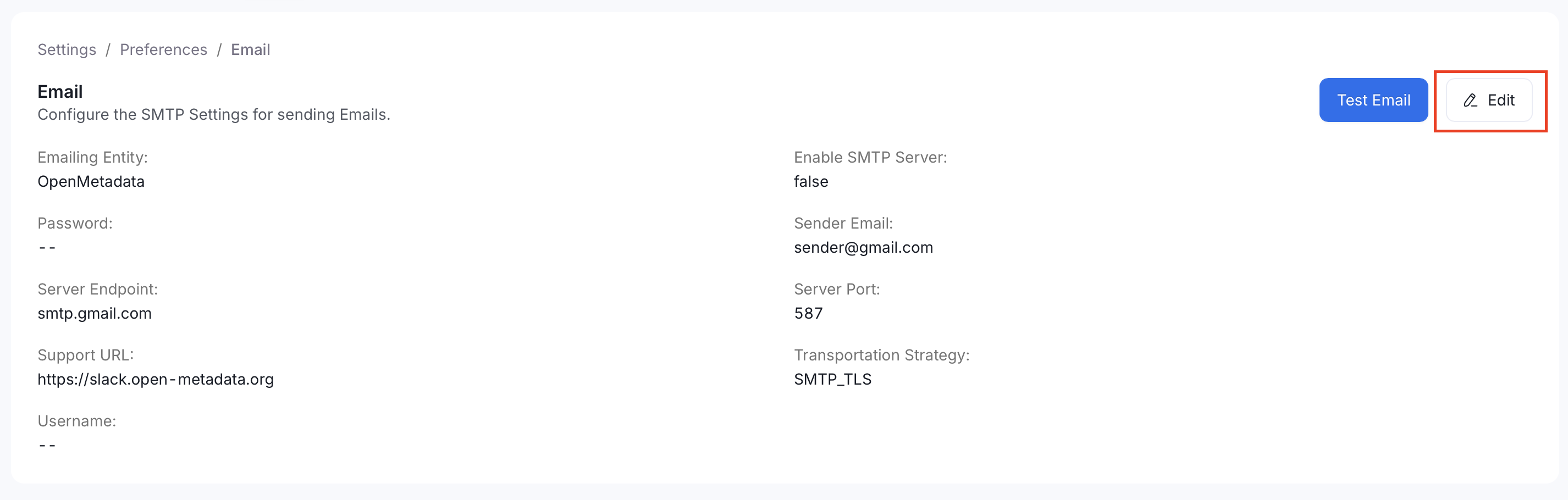 Email Configuration page with Edit button