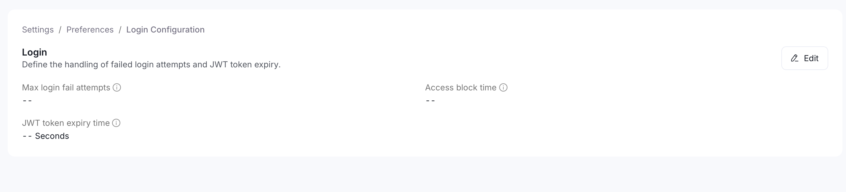 Login Configuration page with Edit button