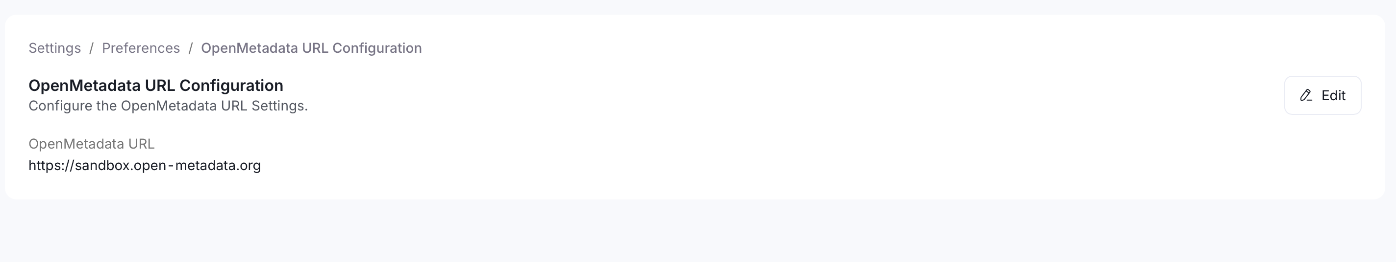 OpenMetadata URL Configuration page with Edit button