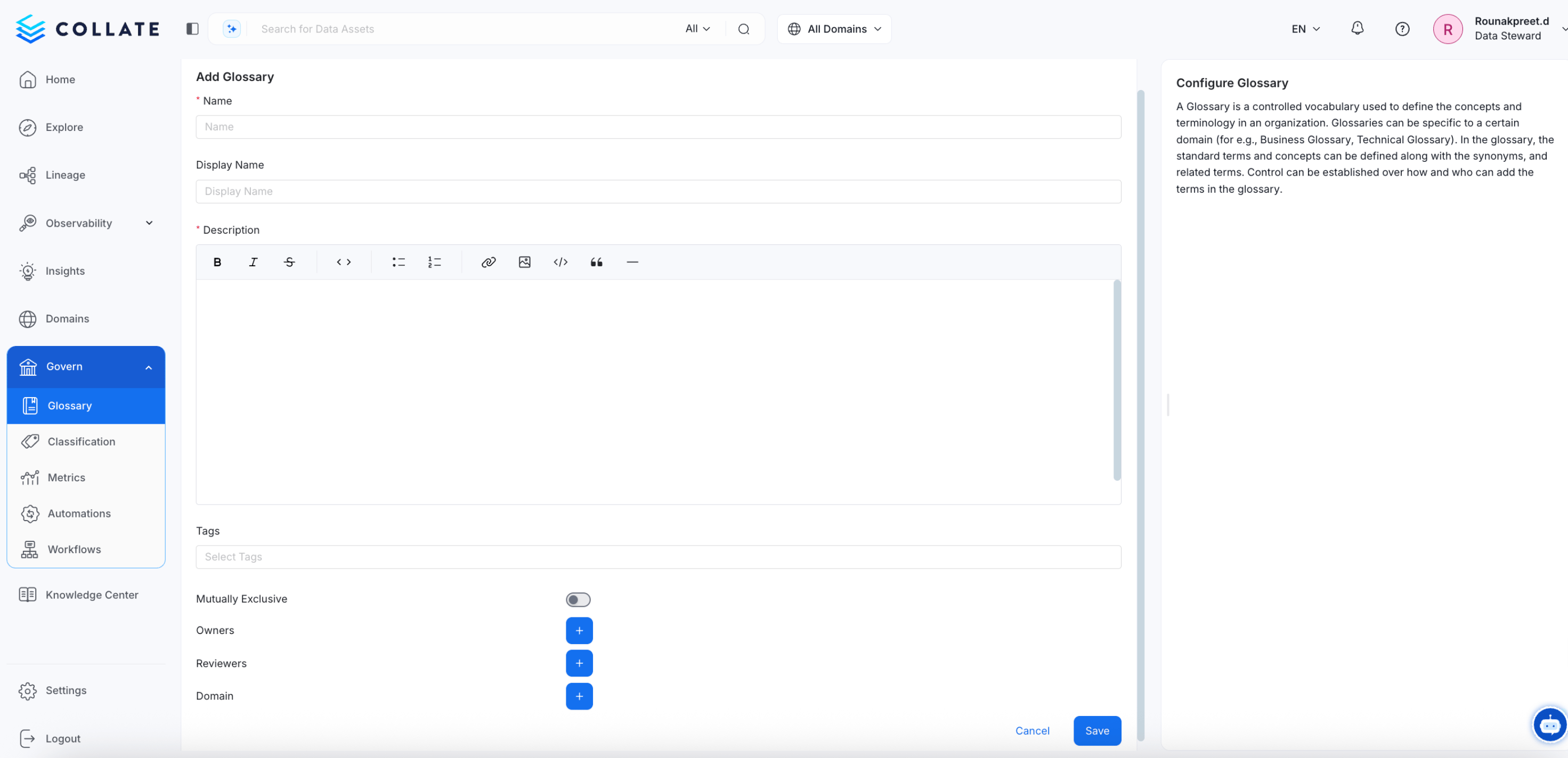 Configure the Glossary