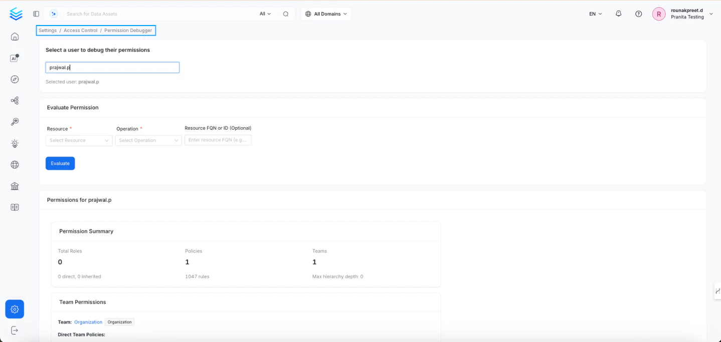 Select a User in Permission Debugger