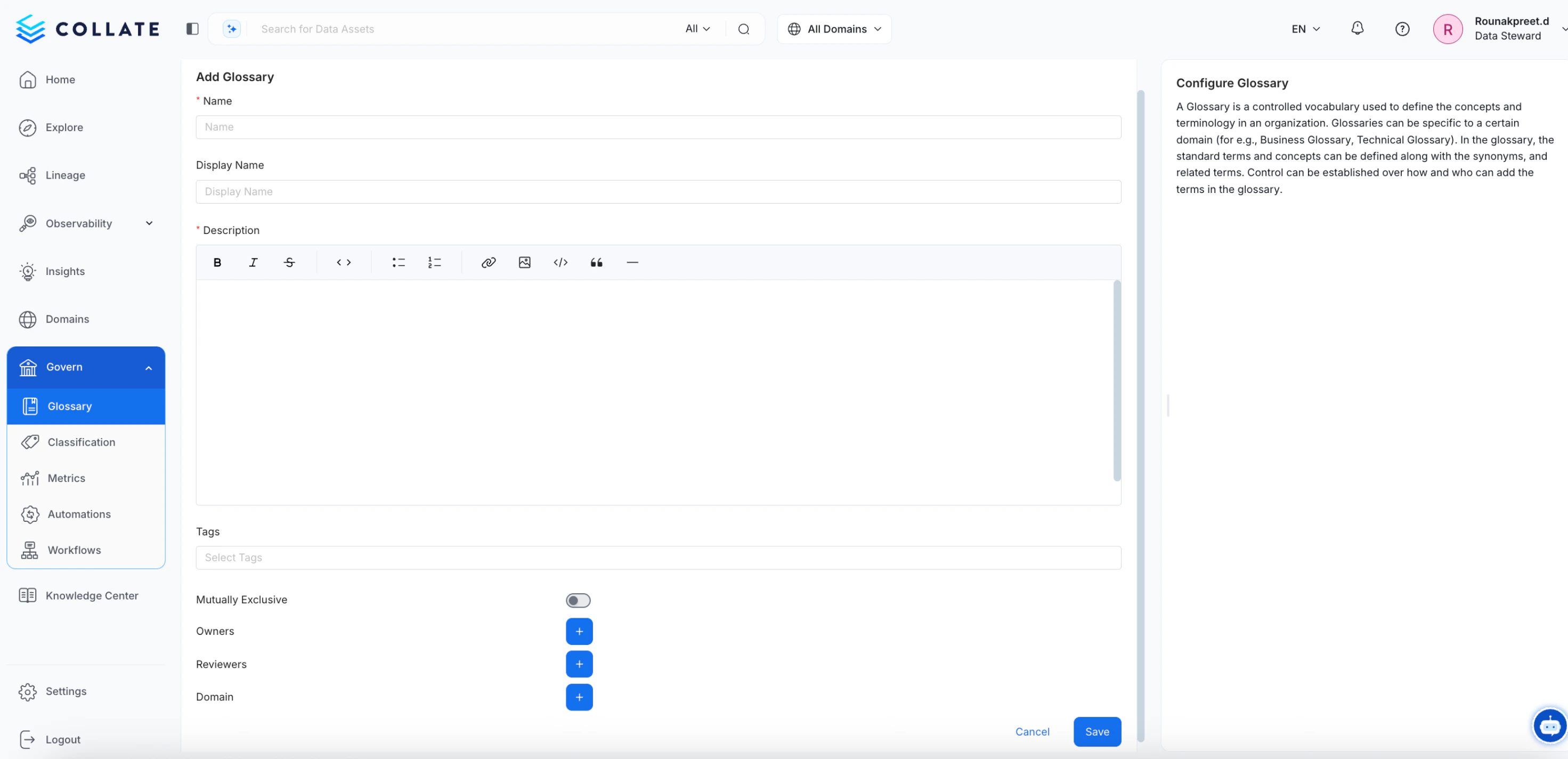 Configure the Glossary