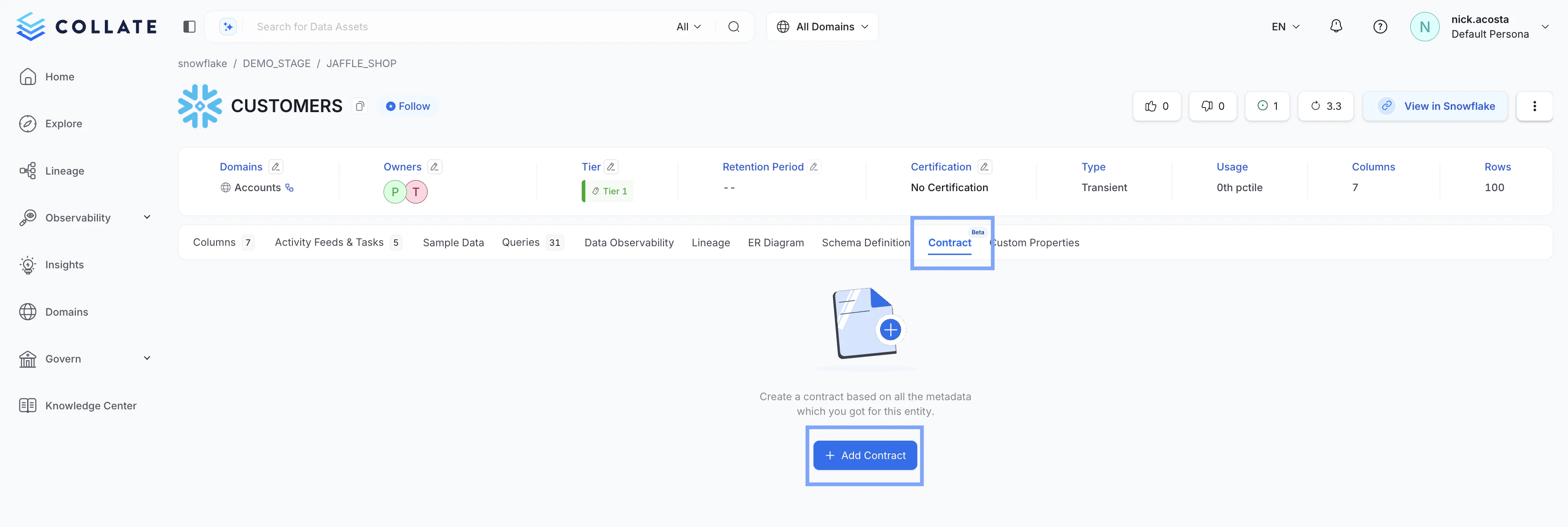 Adding a Data Contract to an OpenMetadata Table
