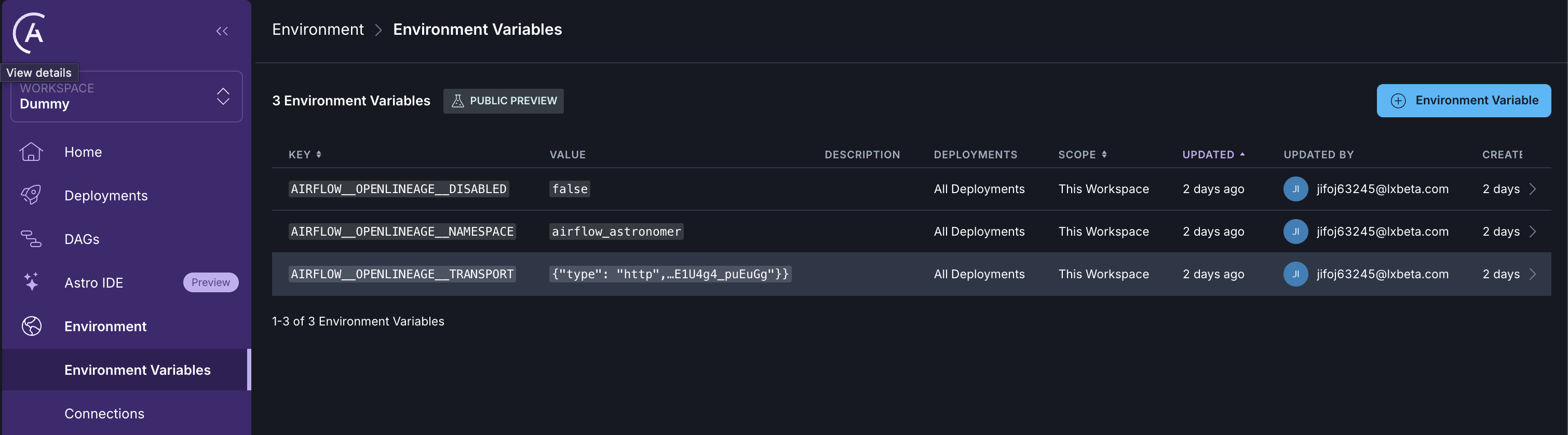 Astronomer environment variables UI showing OpenLineage namespace and transport configuration