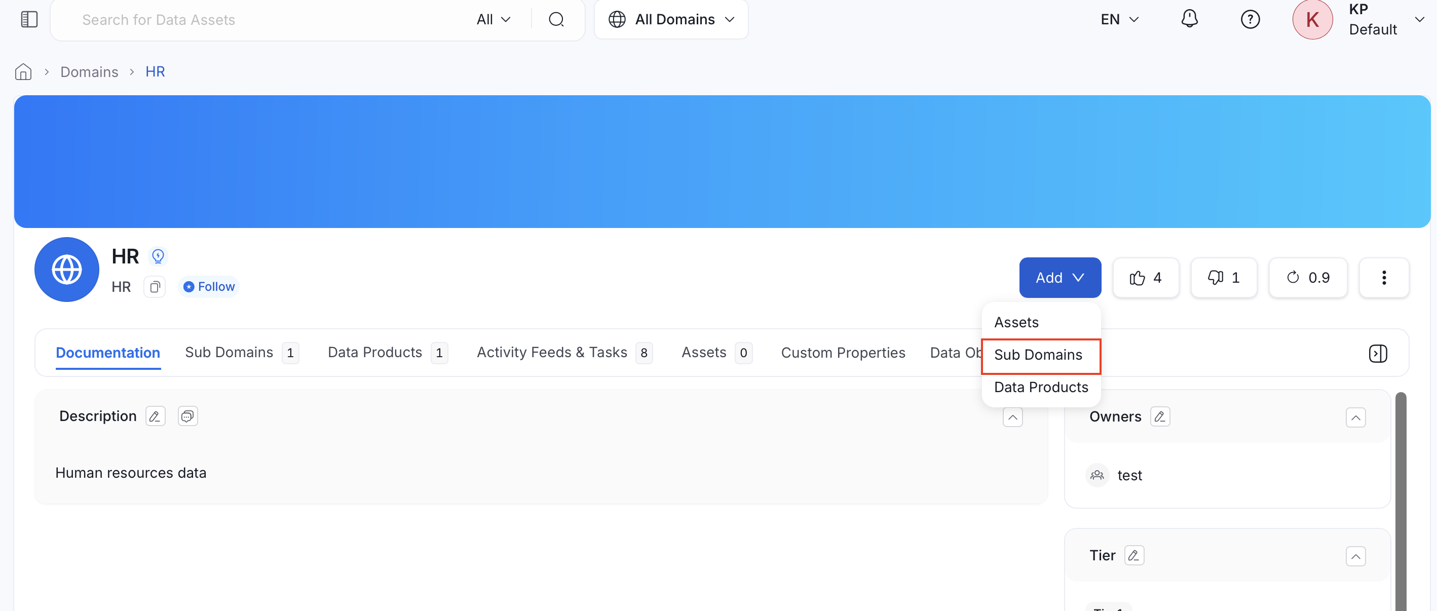 Add menu on a domain's detail page, showing Assets, Sub Domains, and Data Products