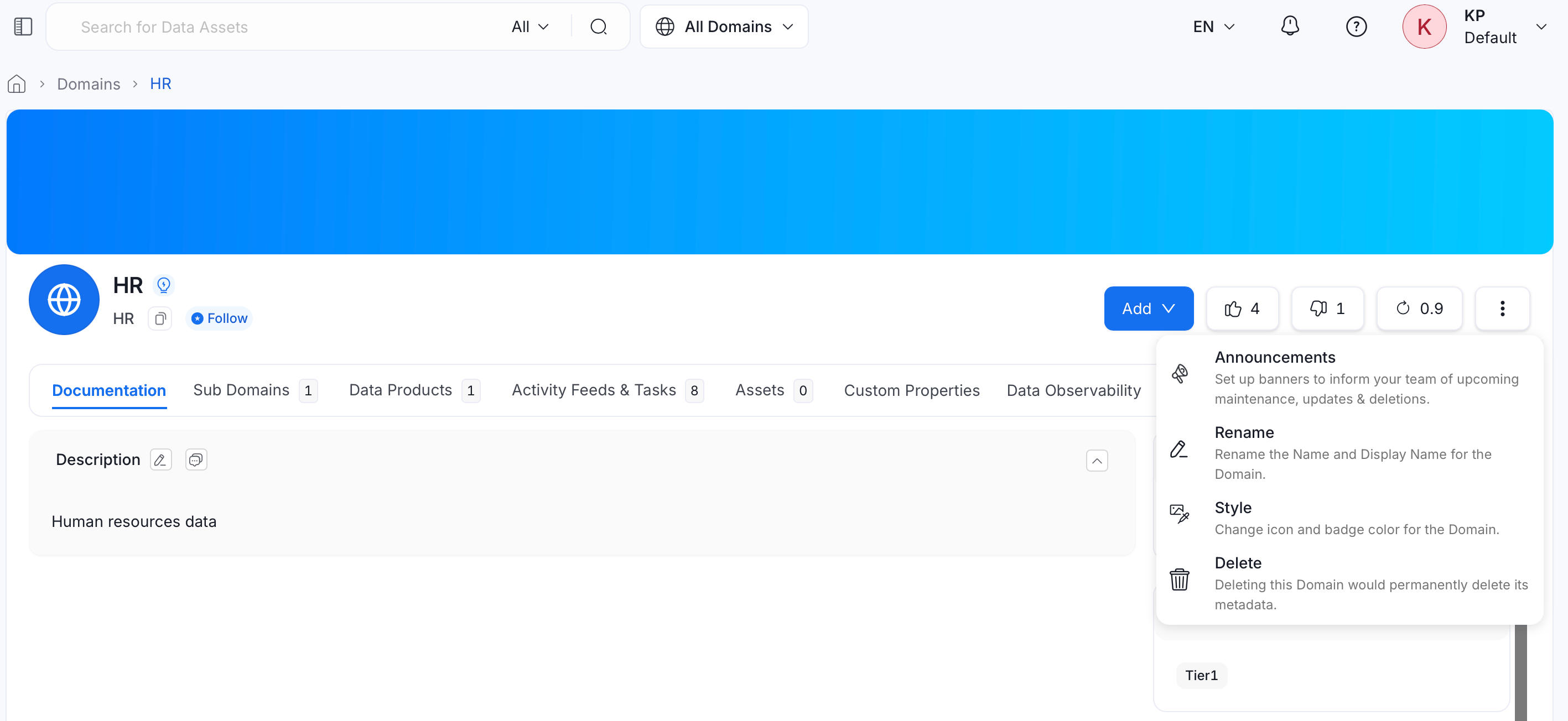 Domain more actions menu with Announcements, Rename, Style, and Delete