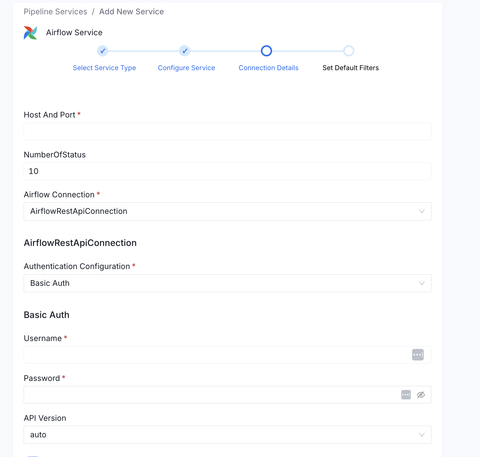 OpenMetadata UI — Airflow REST API connection with Basic Auth selected, showing Username, Password, and API Version fields