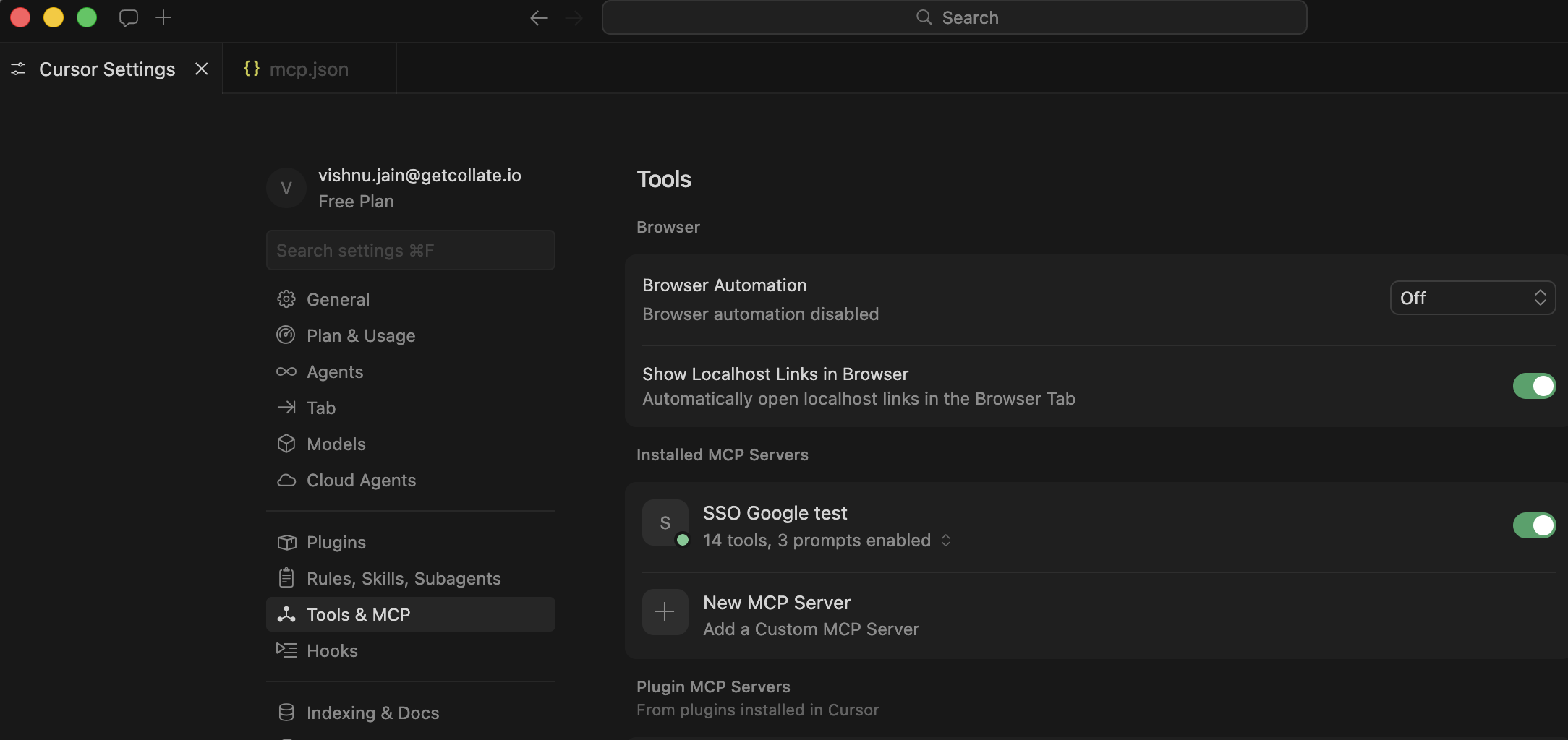 Cursor Settings showing Tools and MCP page