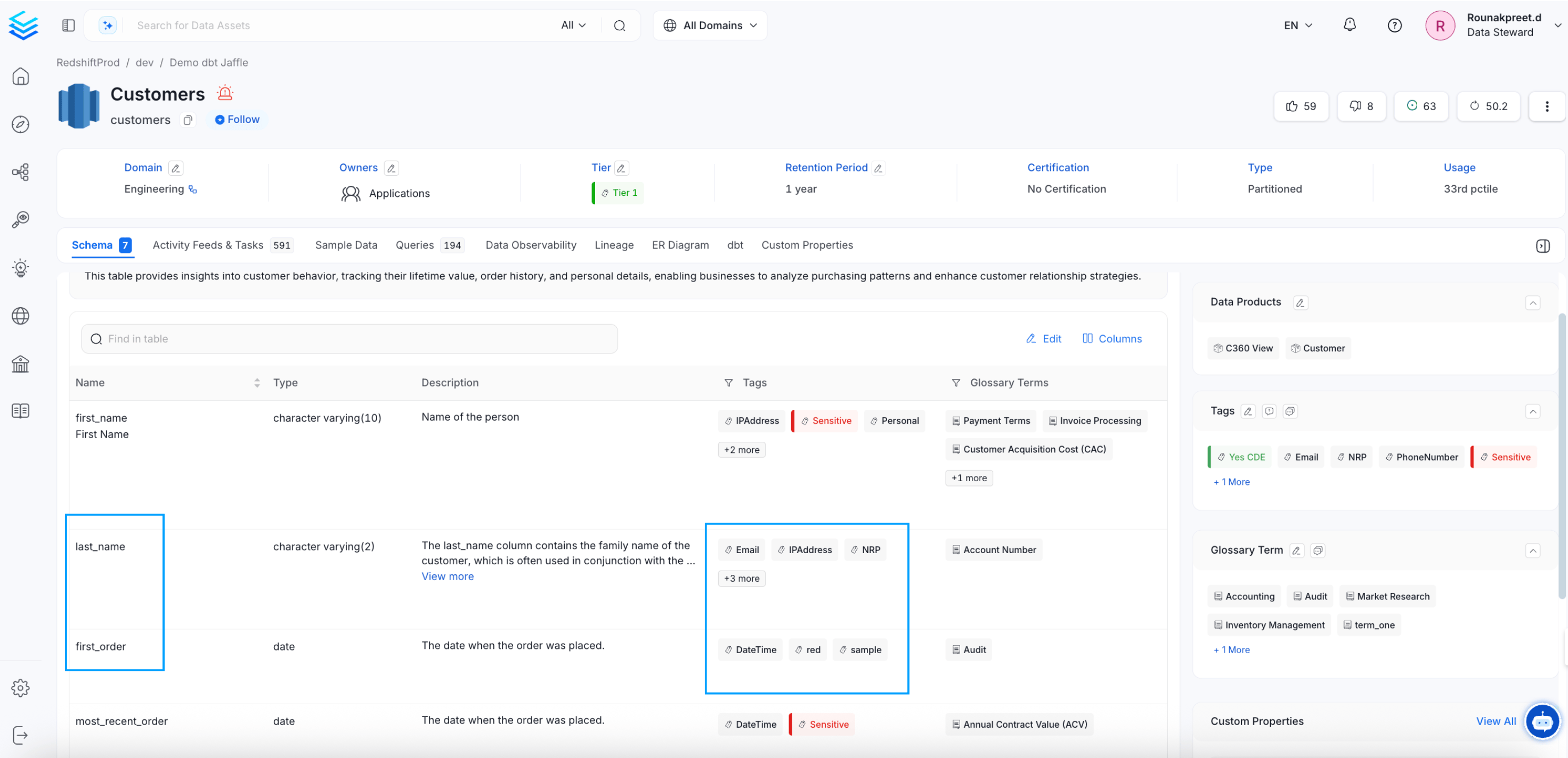 User_name and Social Security Number are Auto-Classified as PII Sensitive