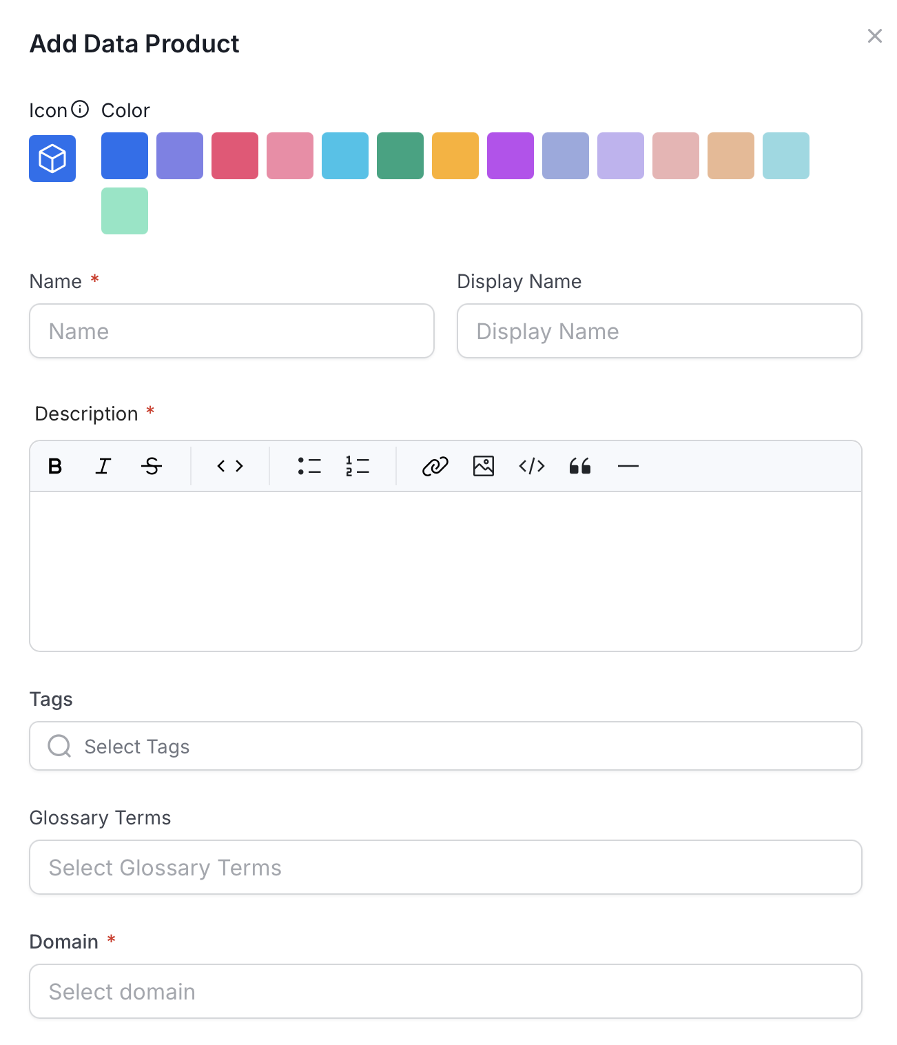 Data product name, display name, and description fields