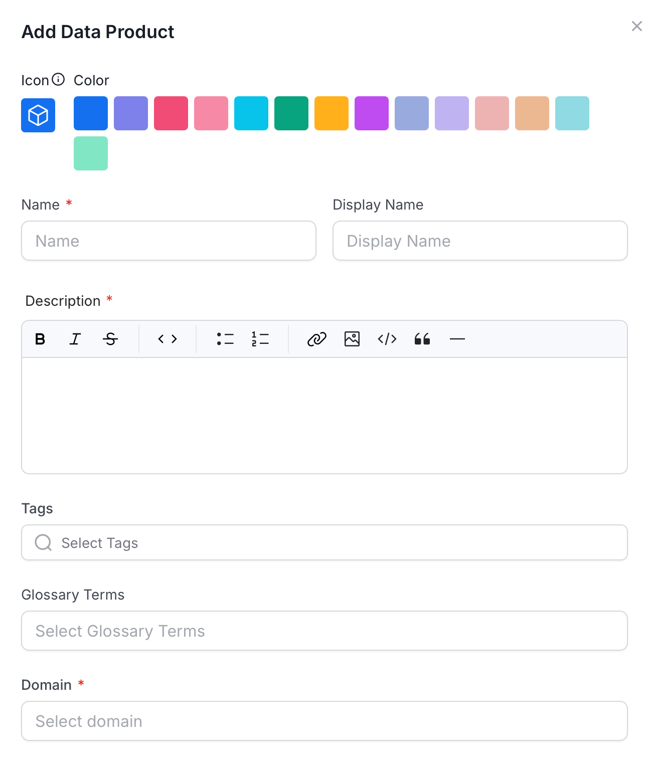 Data product name, display name, and description fields