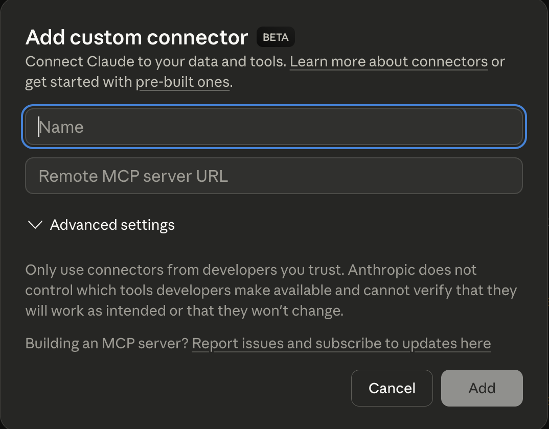 Claude Desktop Add custom connector dialog