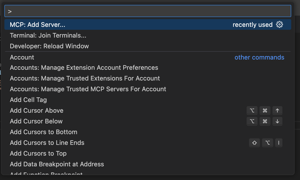 VS Code Command Palette showing MCP: Add Server