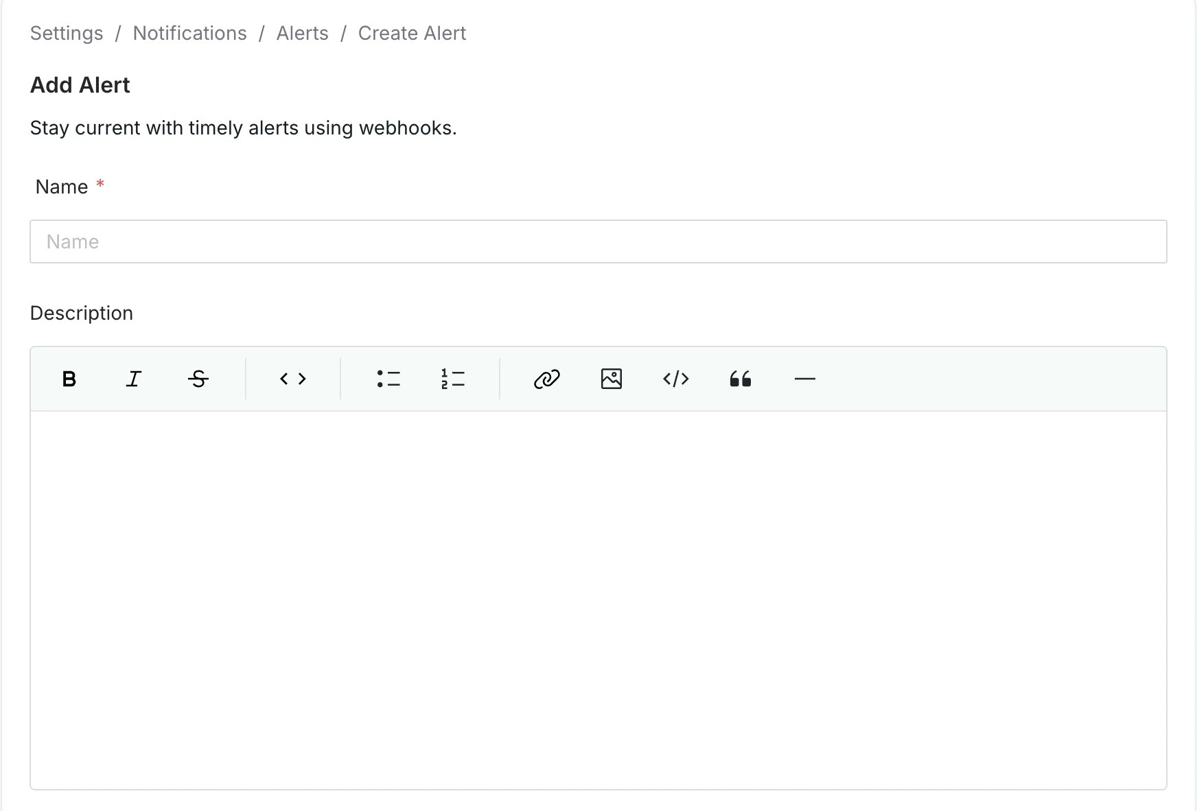Input fields for Alert Name and Description