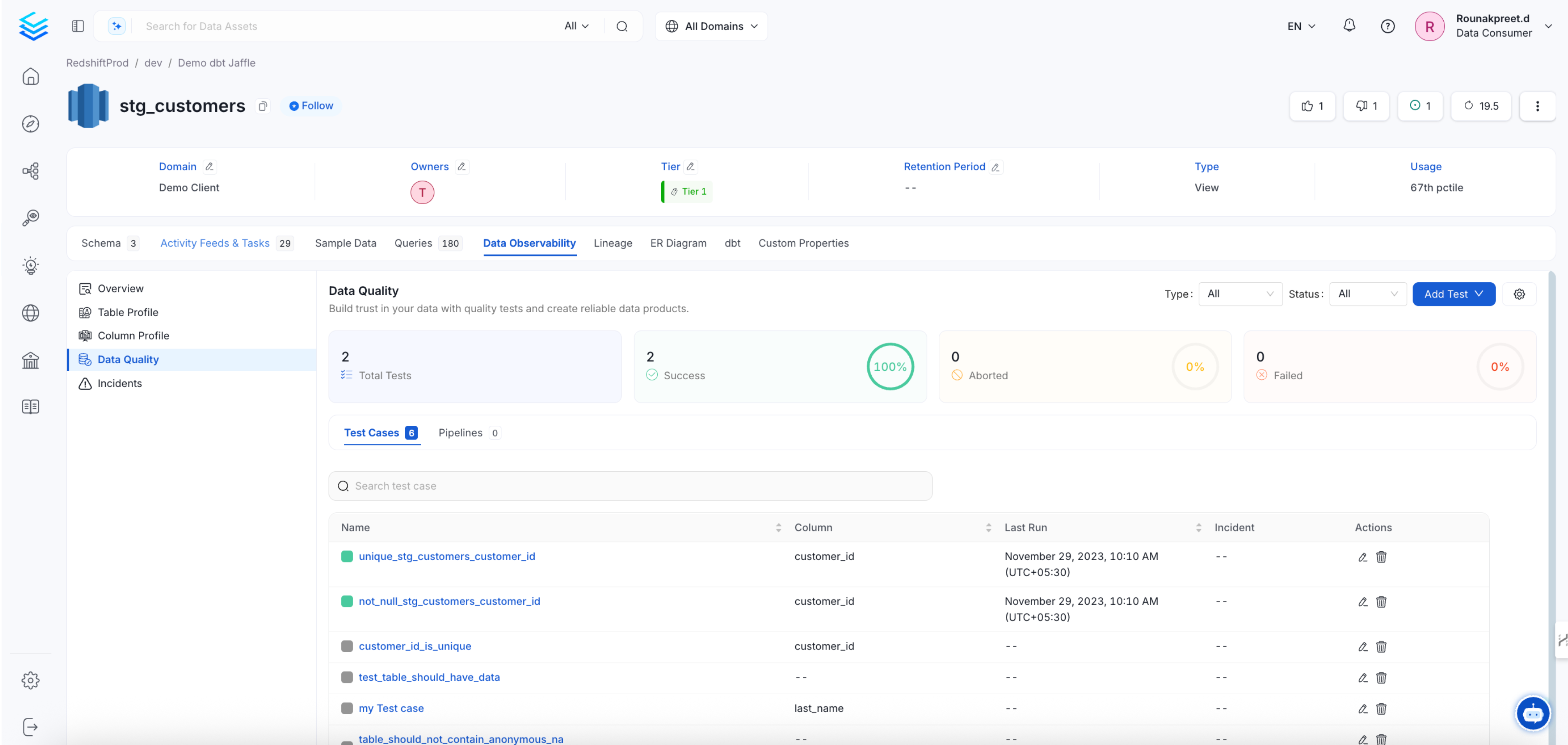 Test suite results table