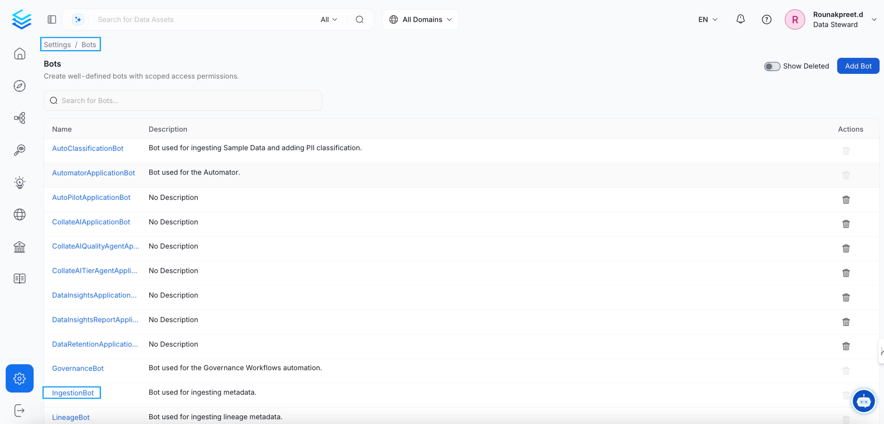 Navigate to Settings > Bots to find available bots