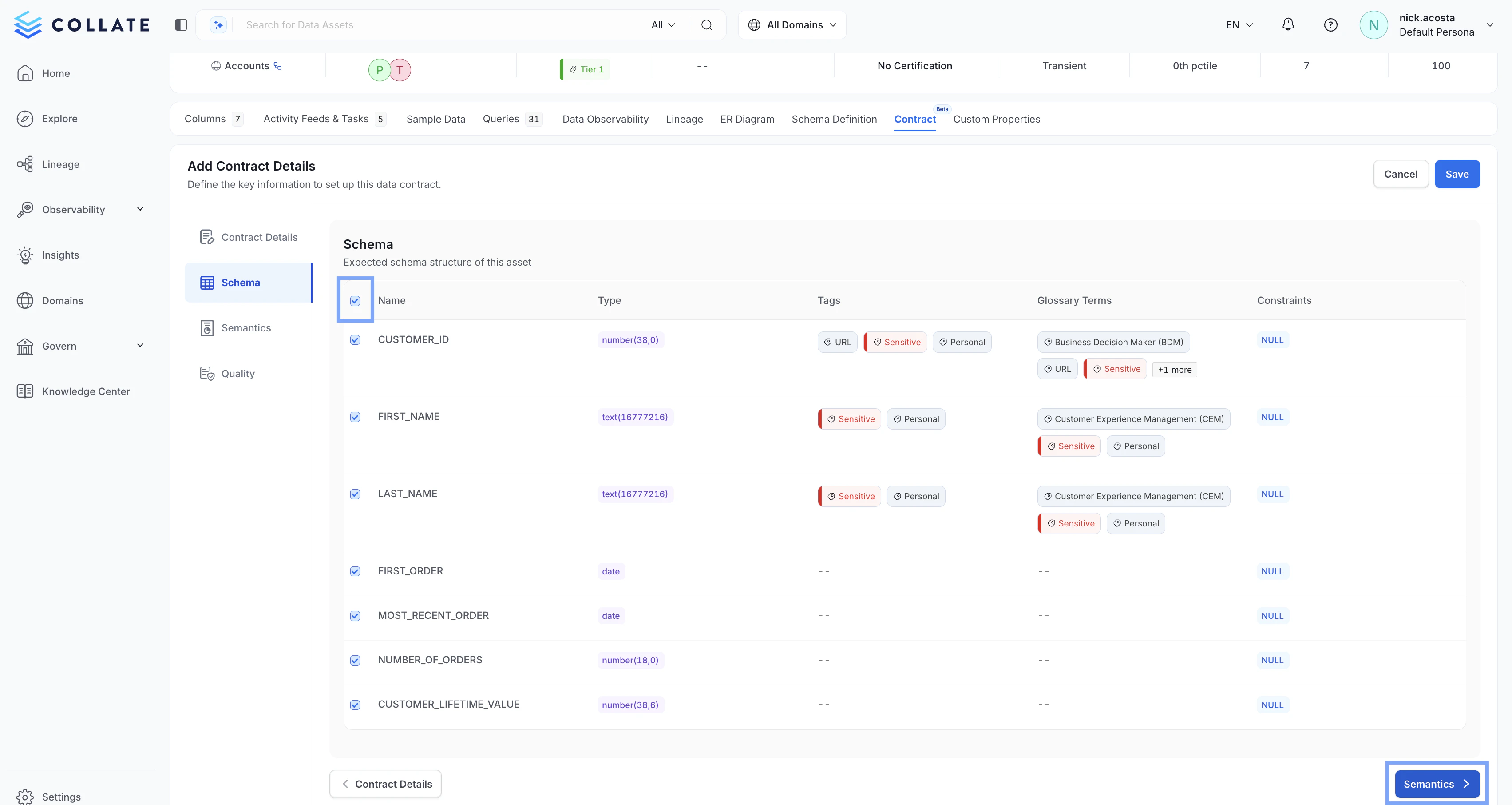 Selecting a schema for an OpenMetadata Data Contract