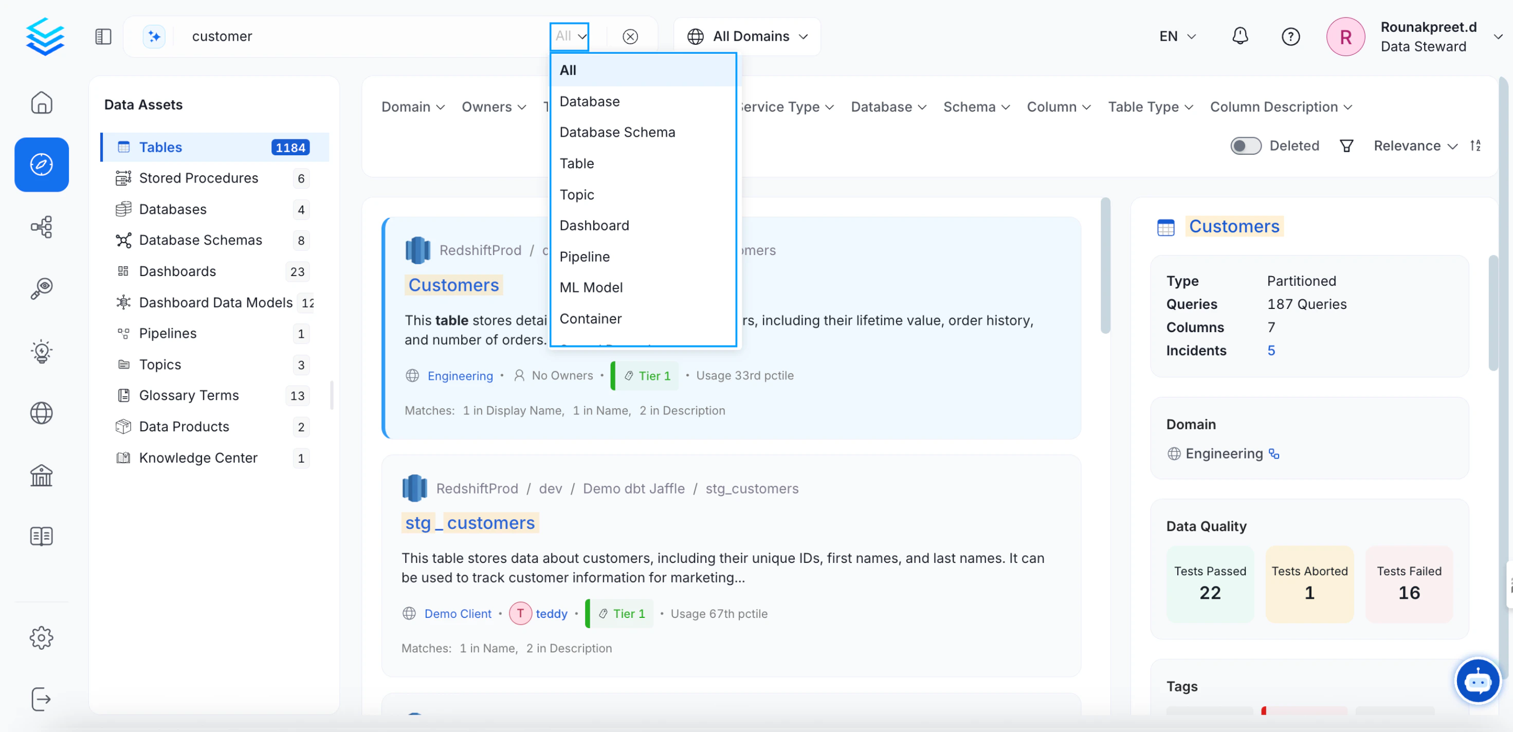 Filter by the Type of Data Asset