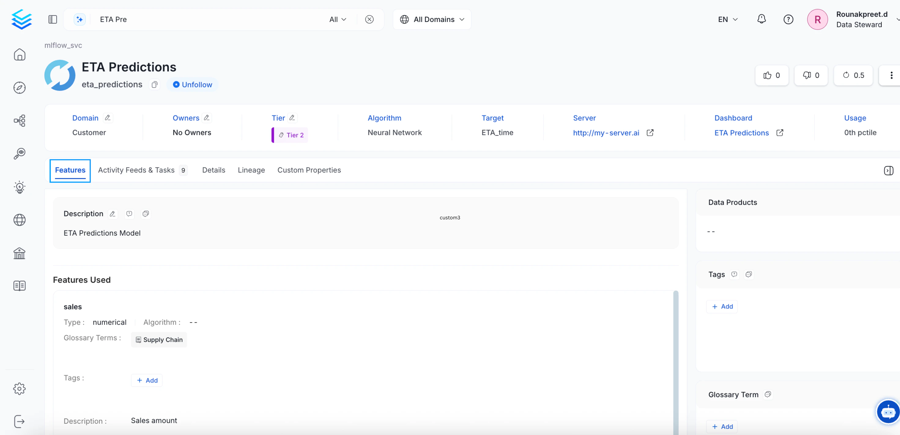 ML Models: Features Tab