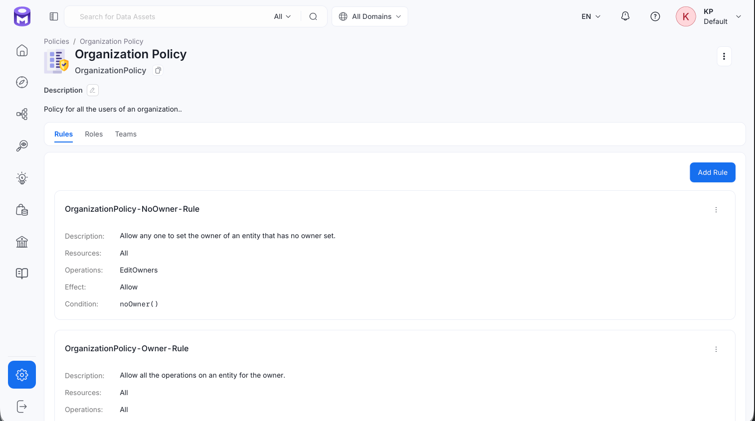 Organization Policy page showing its default rules