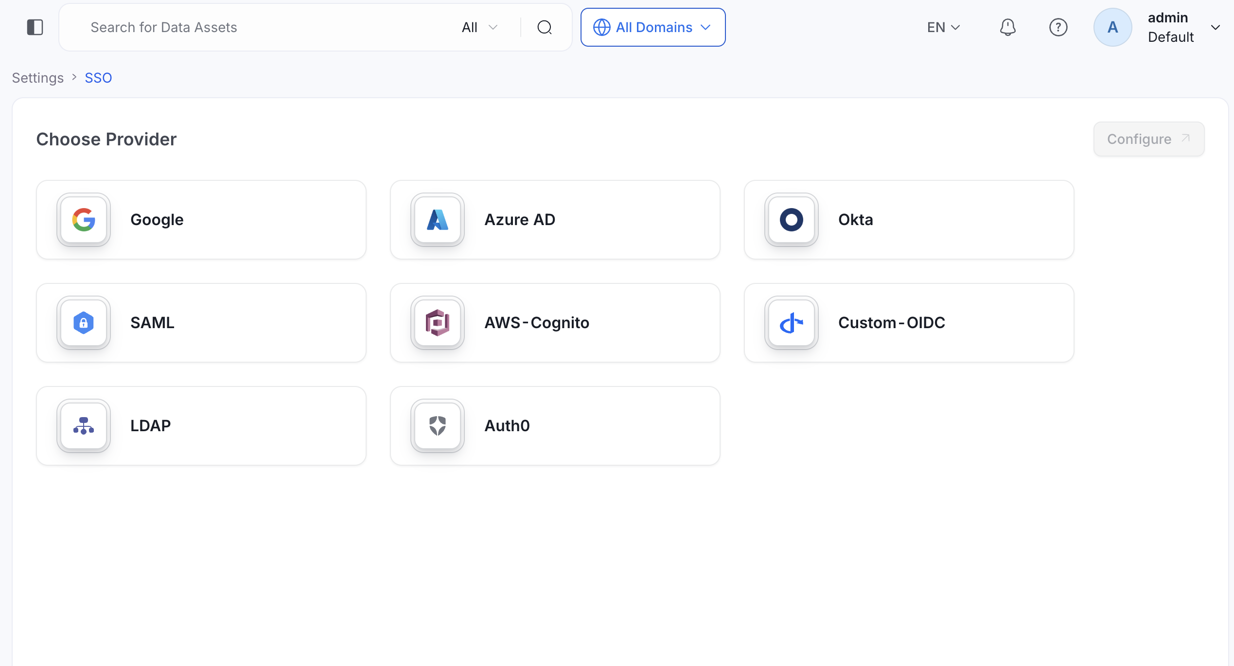 Settings, SSO page with the Choose Provider list