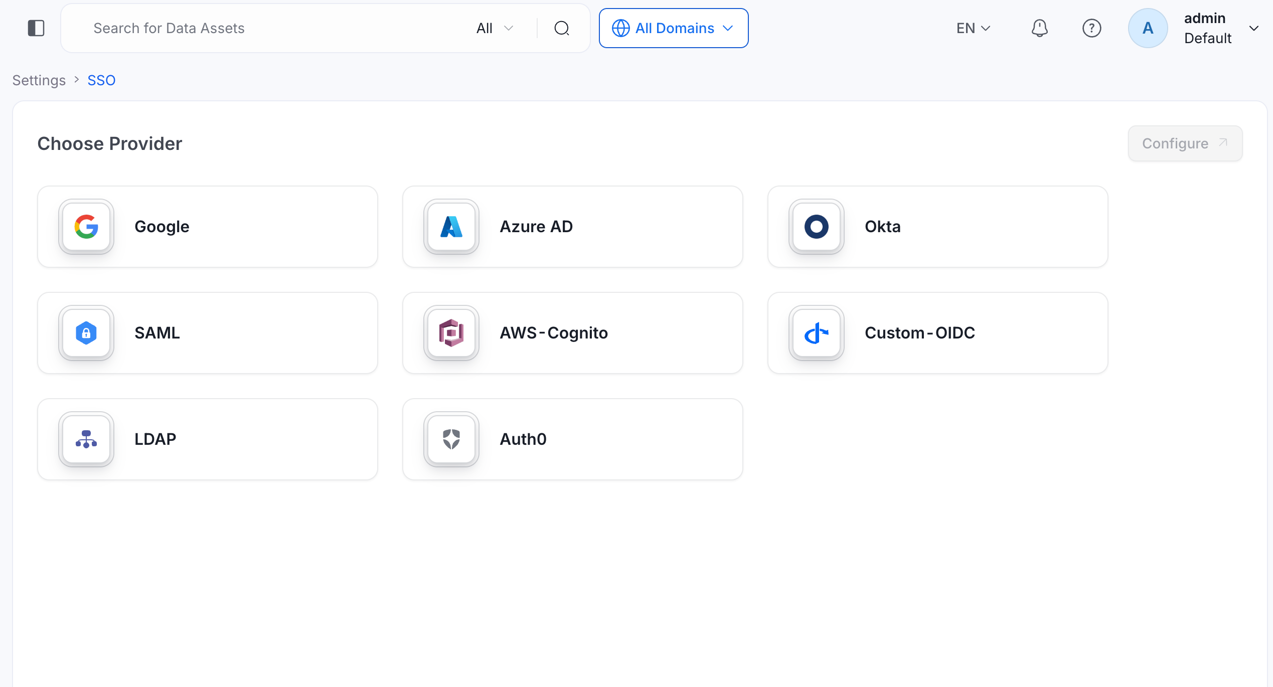 Settings, SSO page with the Choose Provider list