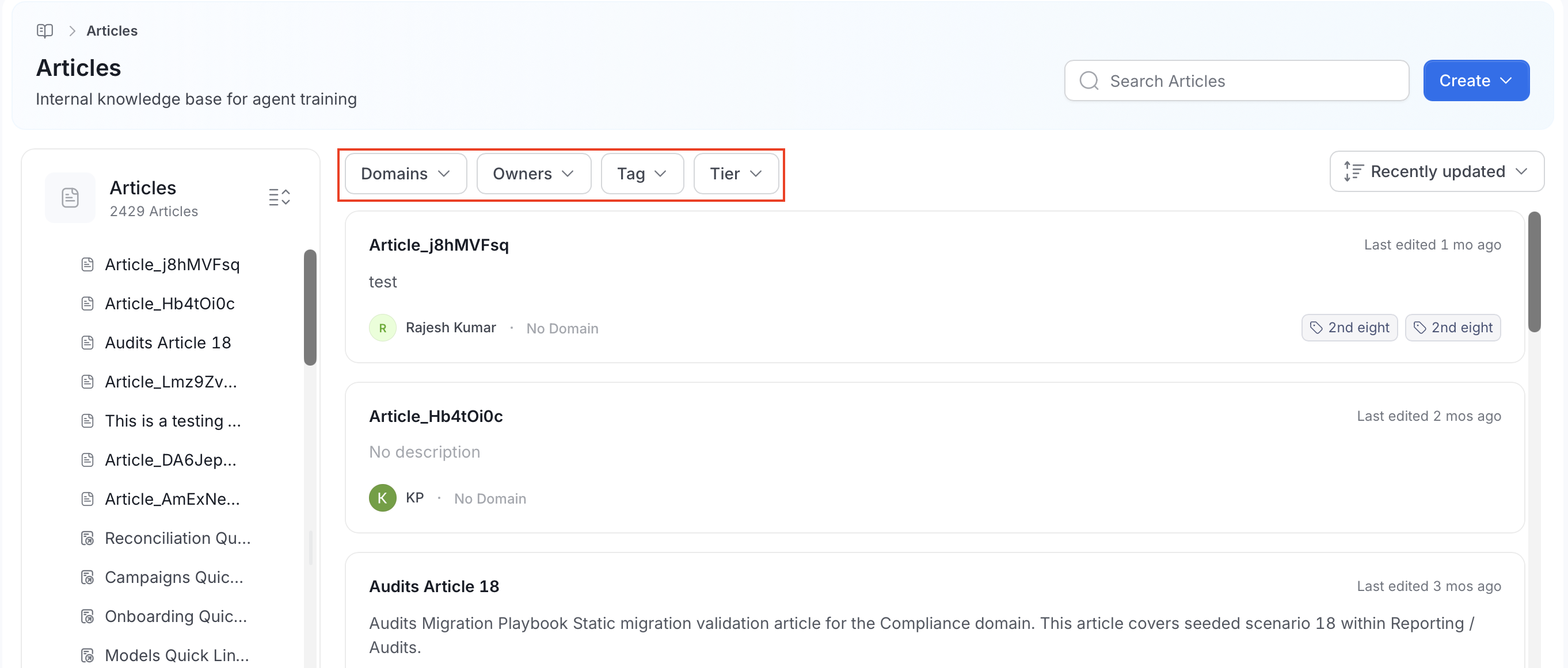 Articles filter dropdowns: Domains, Owners, Tag, and Tier