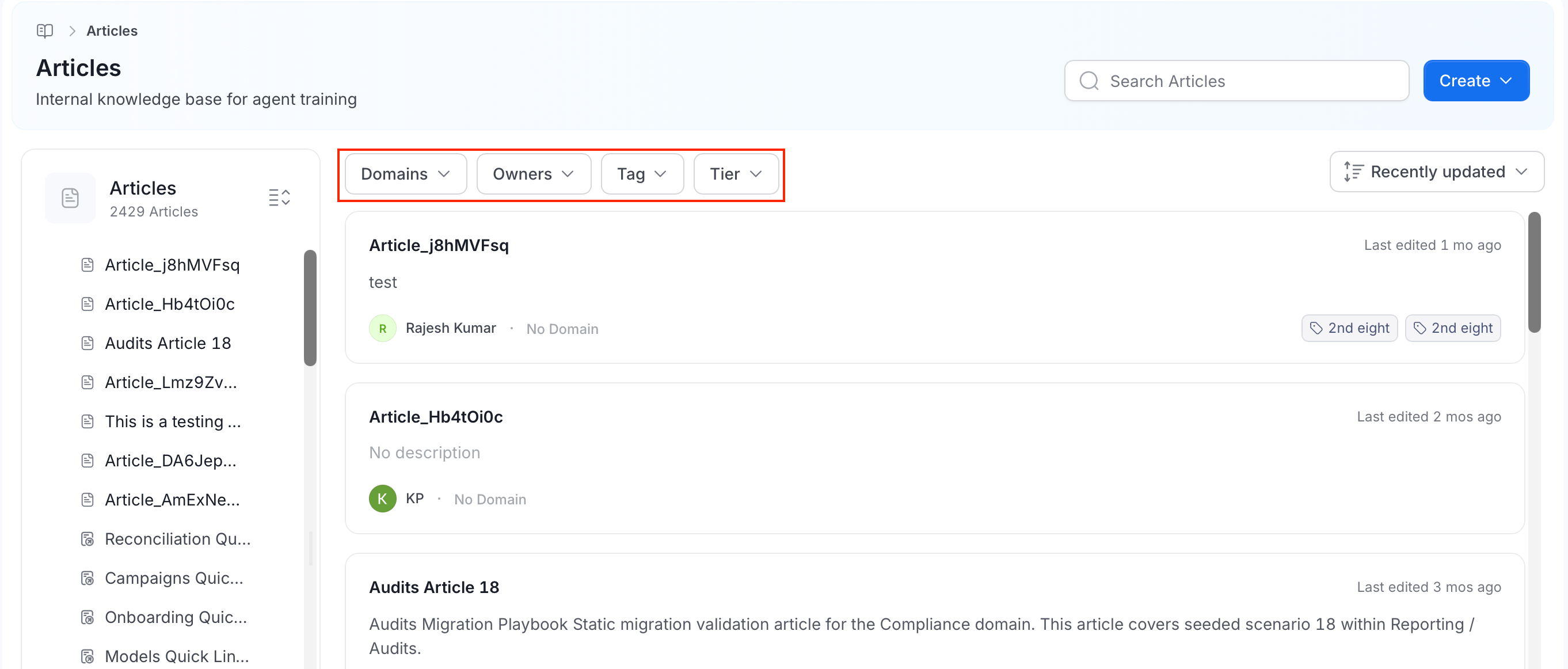 Articles filter dropdowns: Domains, Owners, Tag, and Tier